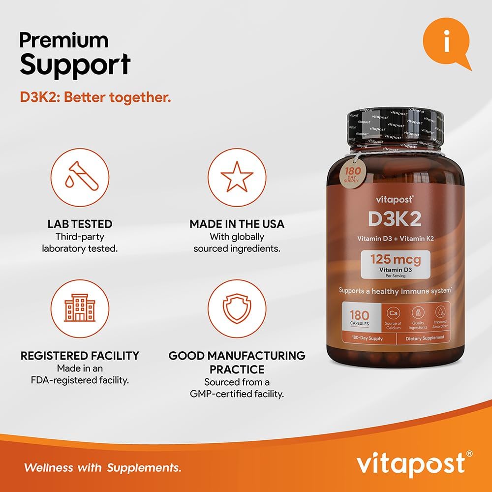 VitaPost D3 K2 Supplement with Calcium & BioPerine | Vitamin D3 and K2 for Bone, Heart, and Muscle Health | 180 Capsules