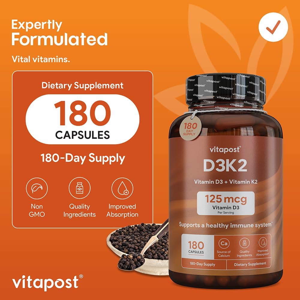 VitaPost D3 K2 Supplement with Calcium & BioPerine | Vitamin D3 and K2 for Bone, Heart, and Muscle Health | 180 Capsules