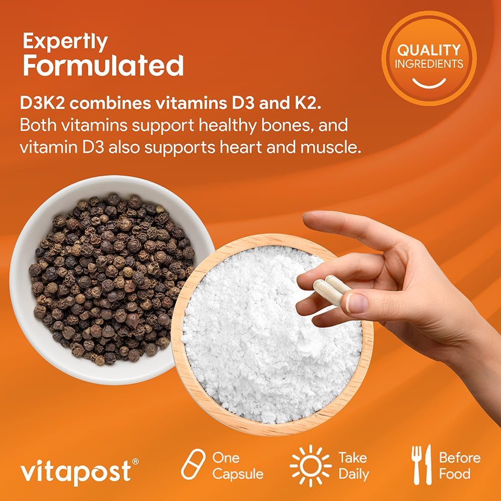 VitaPost D3 K2 Supplement with Calcium & BioPerine | Vitamin D3 and K2 for Bone, Heart, and Muscle Health | 180 Capsules