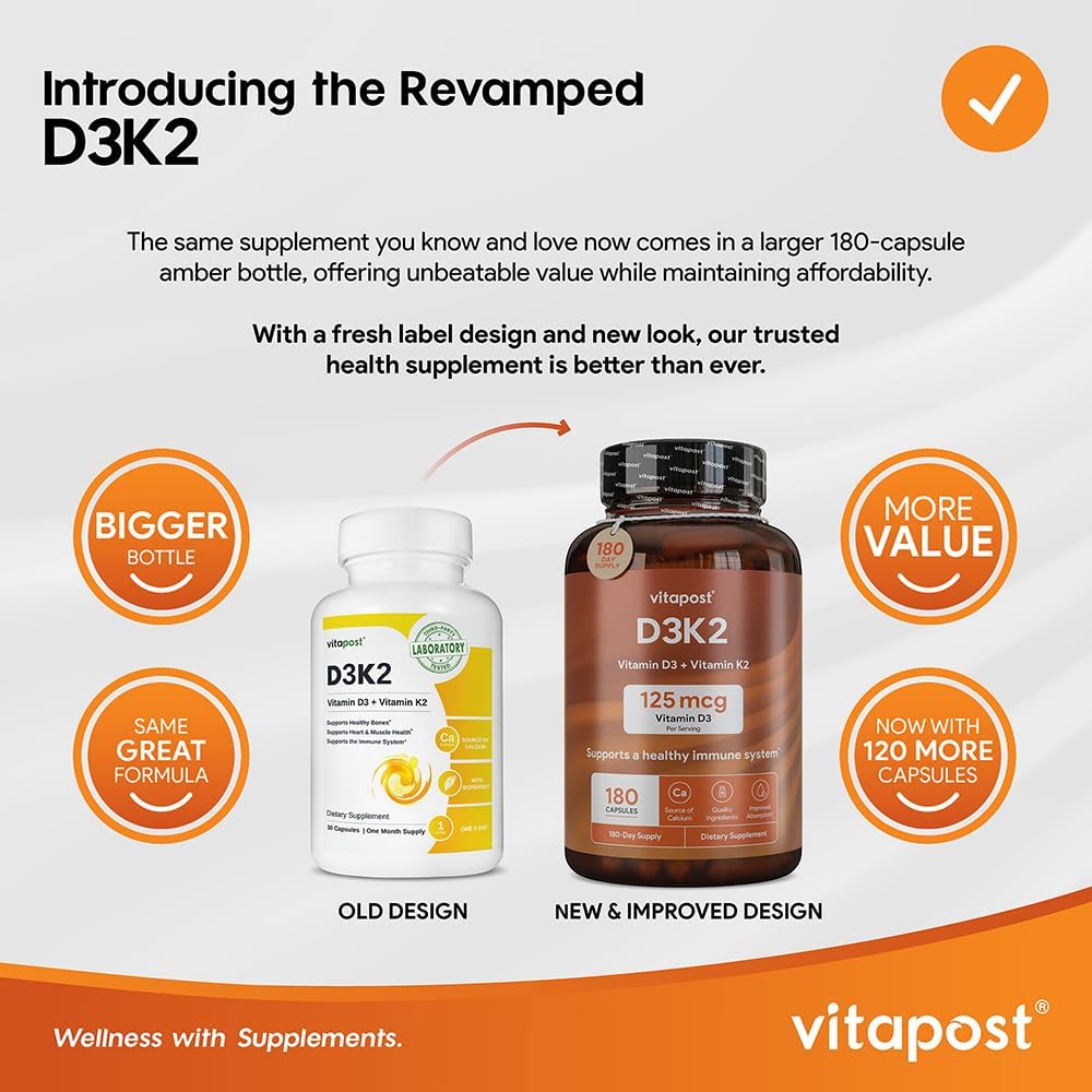 VitaPost D3 K2 Supplement with Calcium & BioPerine | Vitamin D3 and K2 for Bone, Heart, and Muscle Health | 180 Capsules