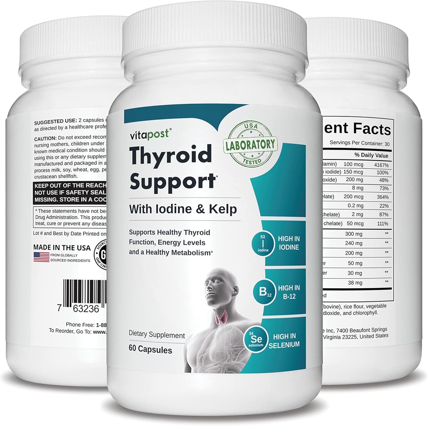 VitaPost Thyroid Support Supplement for Healthy Energy, Hormone Levels & Thyroid Health - 60 Capsules for Women & Men