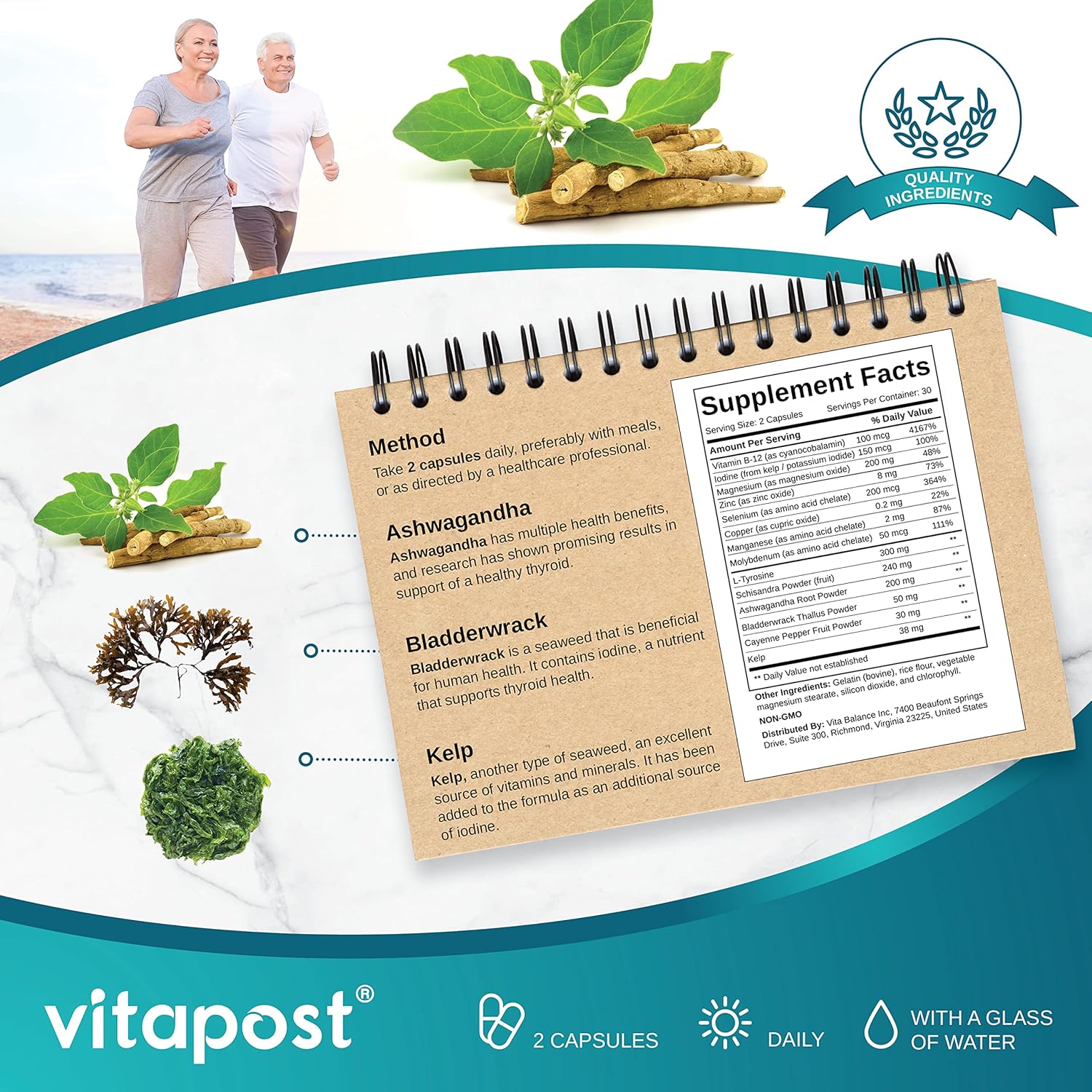 VitaPost Thyroid Support Supplement for Healthy Energy, Hormone Levels & Thyroid Health - 60 Capsules for Women & Men