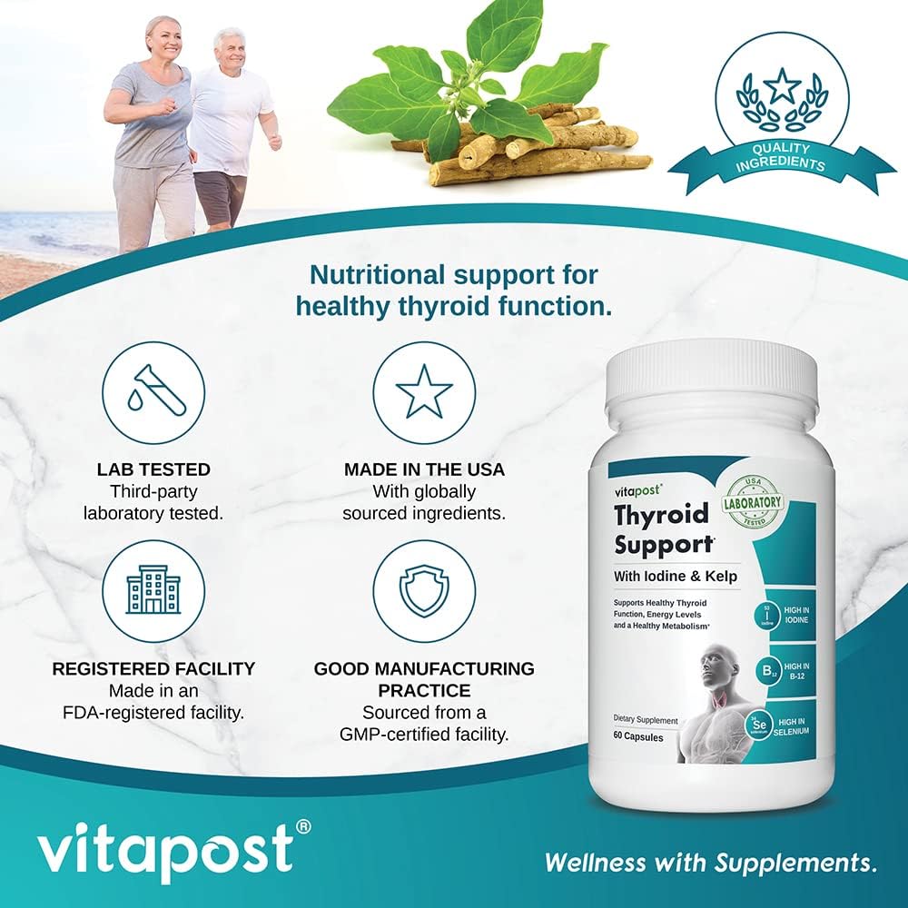 VitaPost Thyroid Support Supplement for Healthy Energy, Hormone Levels & Thyroid Health - 60 Capsules for Women & Men