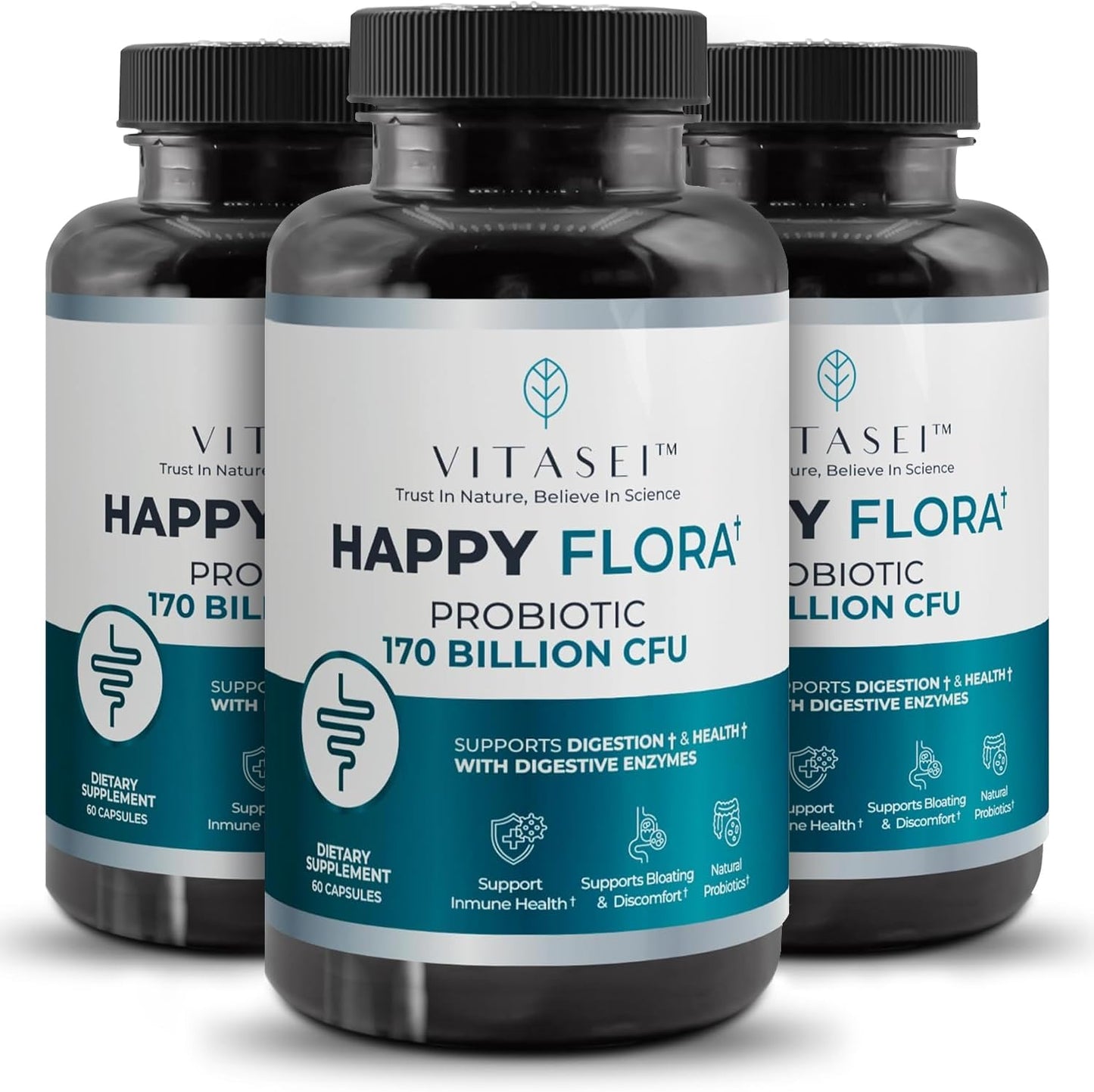VITASEI Happy Flora Probiotic Supplement - 170 Billion CFU for Gut Health, Digestive Enzymes, Women and Men - 3 Bottles, 180 Capsules