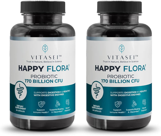 VITASEI Happy Flora Probiotic Supplement with 170 Billion CFU, Enzymes for Digestion, Women and Men, 2 Bottles - 120 Capsules