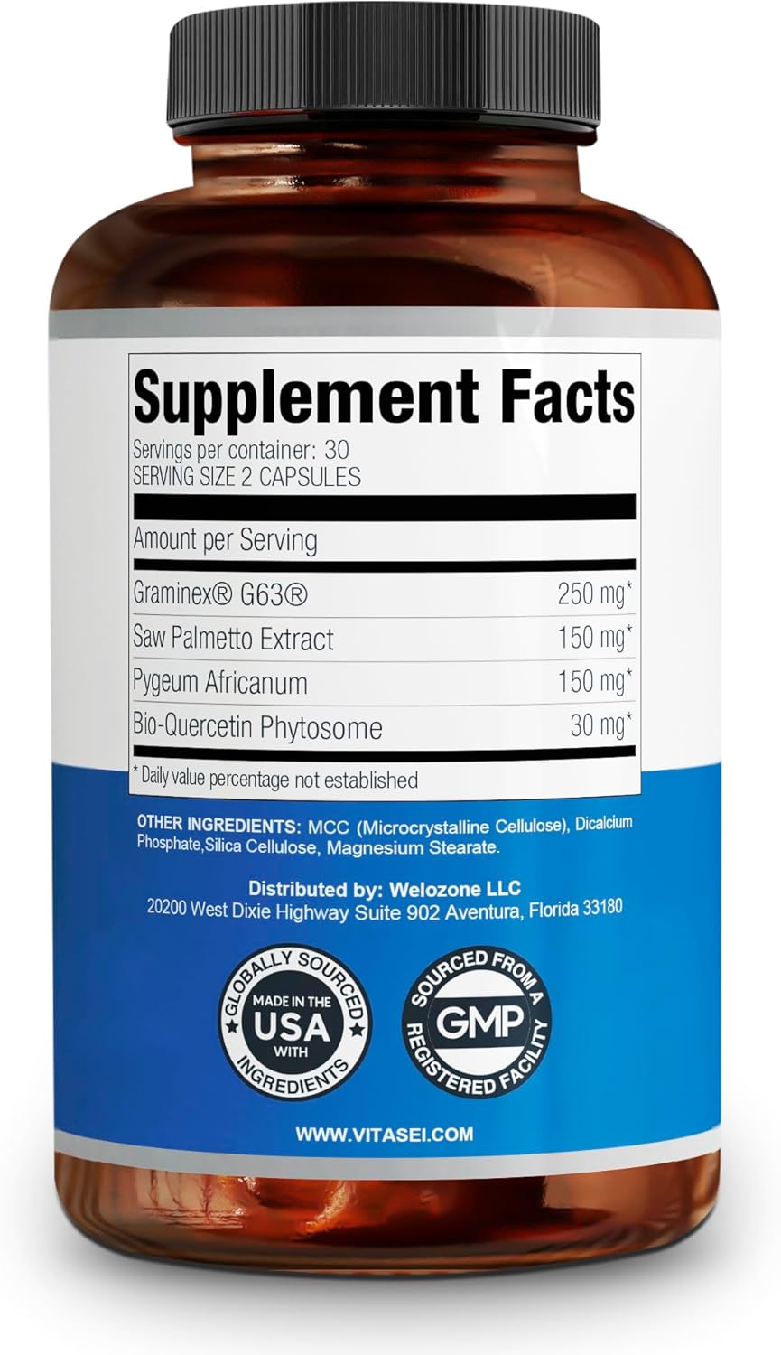 VITASEI Prostabionic Prostate Dietary Supplements for Men with Saw Palmetto, Bio-quercetin & Pygeum Africanum - 60 Capsules, Reduce Bathroom Trips