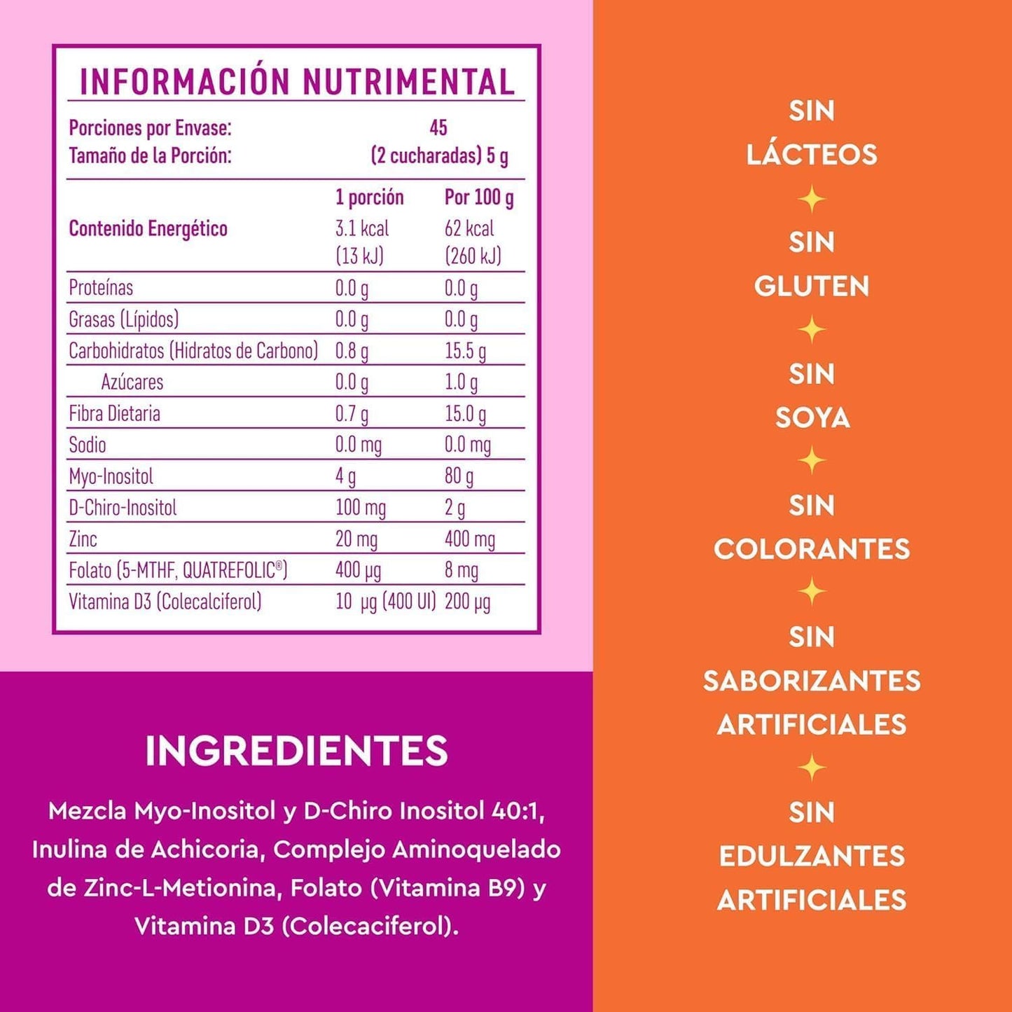 Vitatú Myo Inositol & D-Chiro Inositol Powdered Supplement for Women - 40:1 Mix with Folate, Vitamin D3, and Zinc - 225g Each (45 Days)
