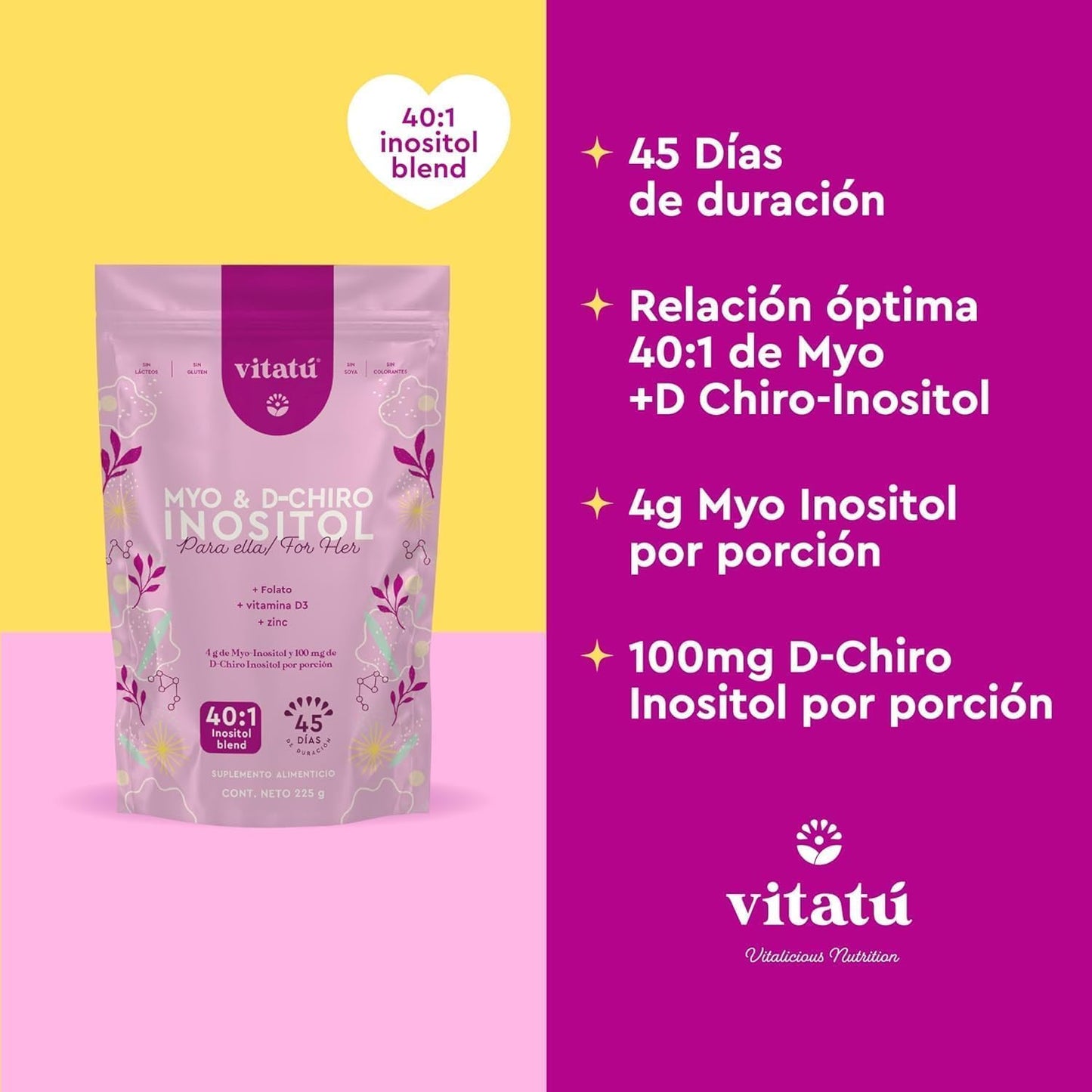 Vitatú Myo Inositol & D-Chiro Inositol Powdered Supplement for Women - 40:1 Mix with Folate, Vitamin D3, and Zinc - 225g Each (45 Days)