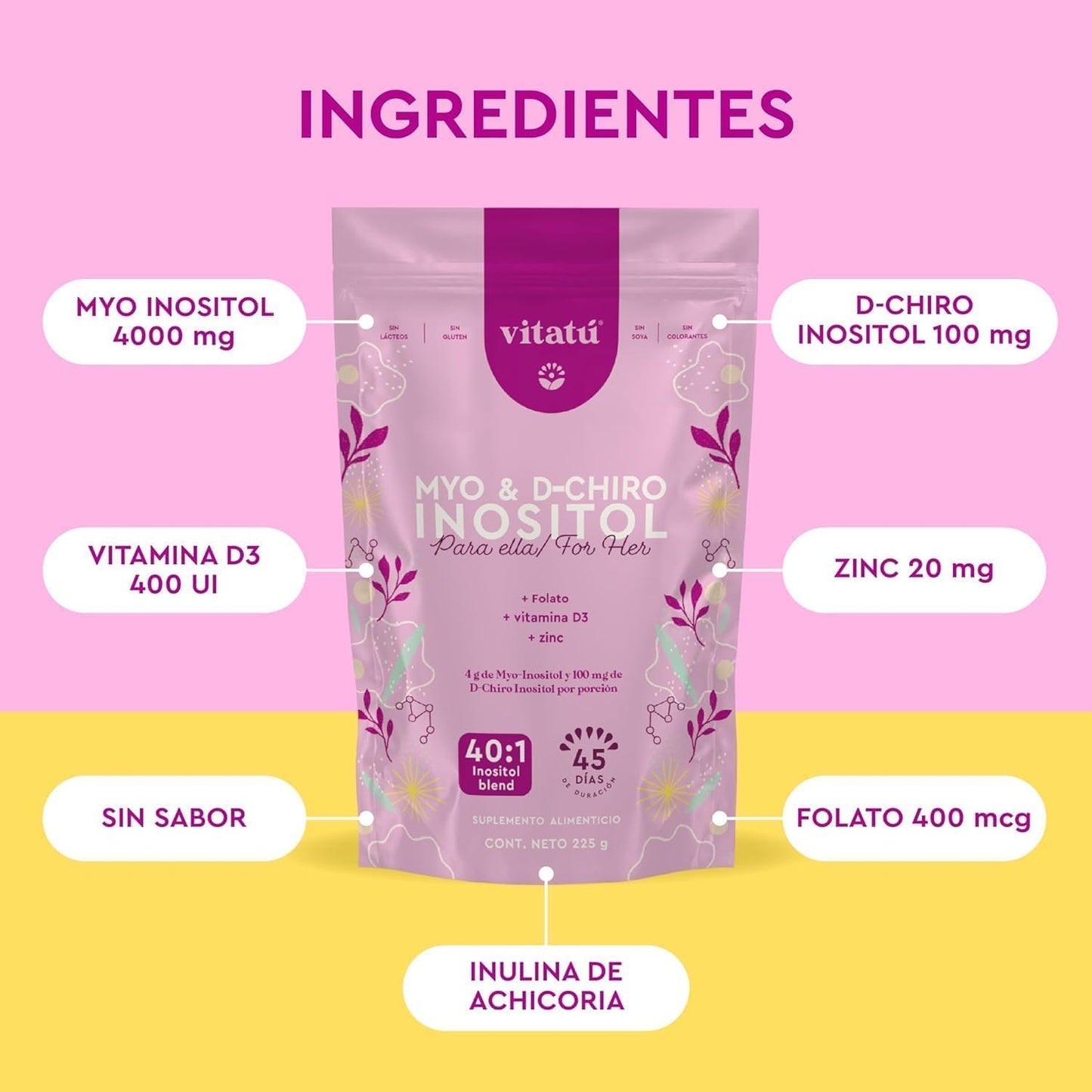 Vitatú Myo Inositol & D-Chiro Inositol Powdered Supplement for Women - 40:1 Mix with Folate, Vitamin D3, and Zinc - 225g Each (45 Days)