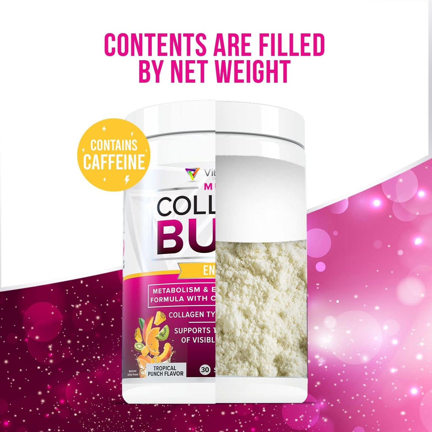 Vitauthority Multi Collagen Burn: Hydrolyzed Protein Peptides with Hyaluronic Acid, Vitamin C, and Caffeine - Tropical Punch Flavor