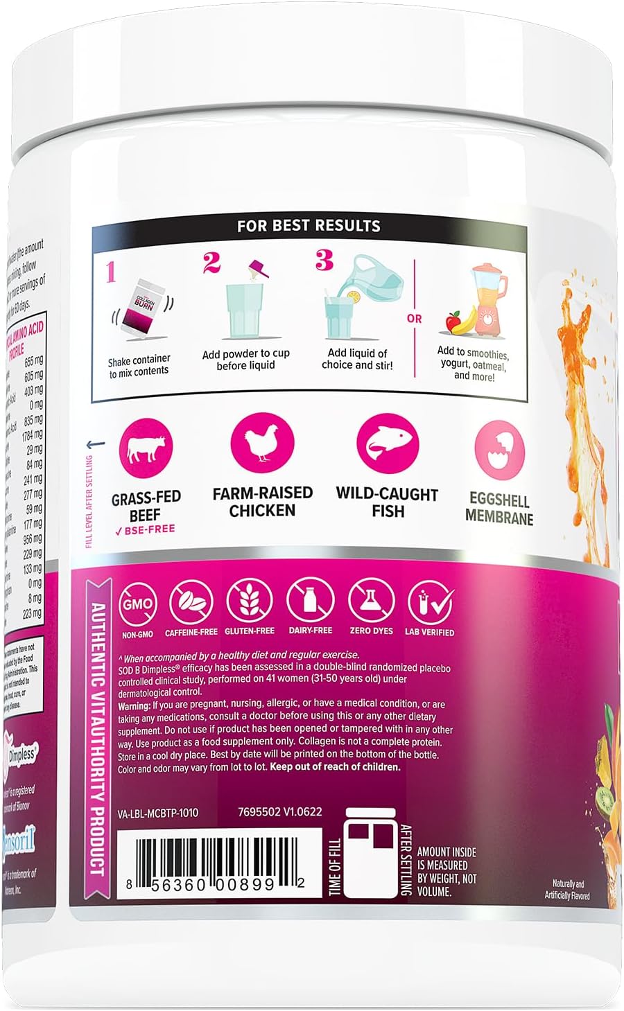 Vitauthority Multi Collagen Burn: Hydrolyzed Protein Peptides with Hyaluronic Acid, Vitamin C, and Caffeine - Tropical Punch Flavor