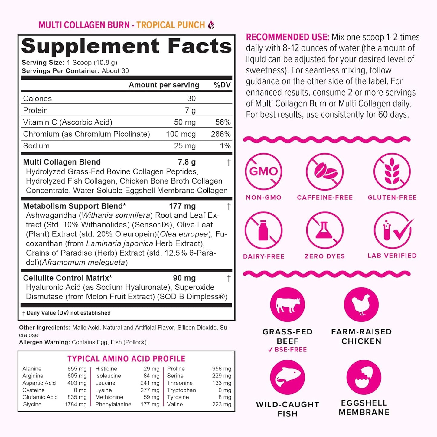 Vitauthority Multi Collagen Burn: Hydrolyzed Protein Peptides with Hyaluronic Acid, Vitamin C, and Caffeine - Tropical Punch Flavor