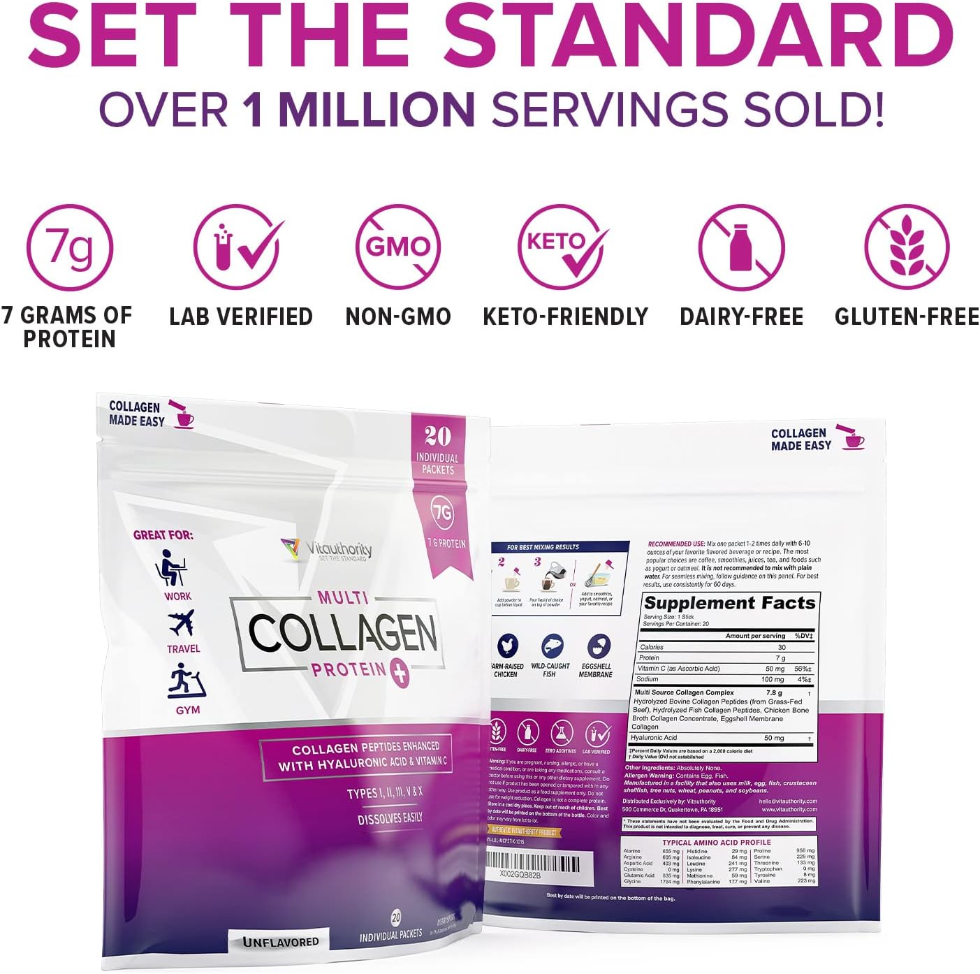 Vitauthority Multi Collagen Peptides with Hyaluronic Acid, Vitamin C - 20 Unflavored Stick Packs - Types I, II, III, V, X - Hydrolyzed Collagen Proteins