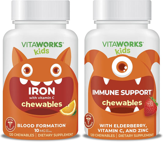 VitaWorks Kids Immune Support Chewables Bundle - Iron, Vitamin C, Elderberry, Zinc - 10mg Iron
