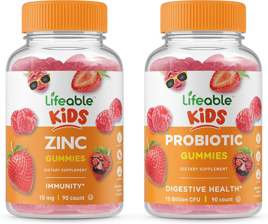 VitaWorks Lifeable Zinc Kids + Probiotics Gummy Bundle - 5 Billion CFU, Vitamin Supplement, Gluten & GMO Free, Great Taste