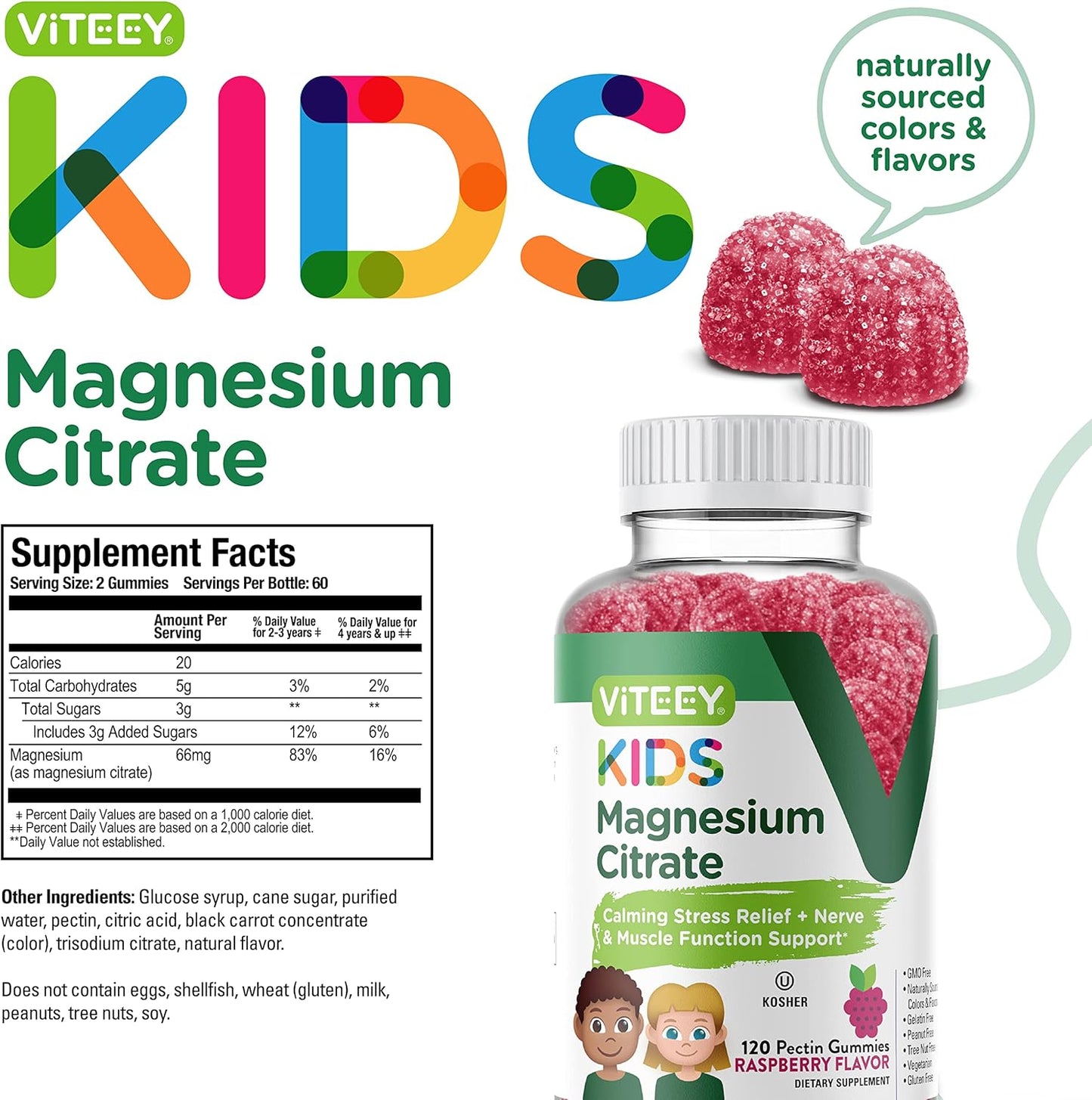 Viteey Kids Magnesium Citrate Gummies - Natural Sleep Aid, Calm & Relaxation Support - Vegetarian, Gelatin-Free, Gluten-Free Raspberry Gummy