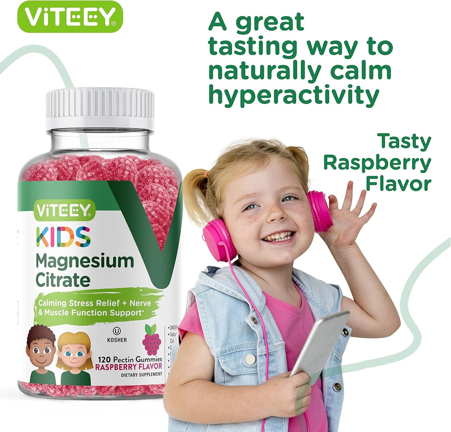 Viteey Kids Magnesium Citrate Gummies - Natural Sleep Aid, Calm & Relaxation Support - Vegetarian, Gelatin-Free, Gluten-Free Raspberry Gummy