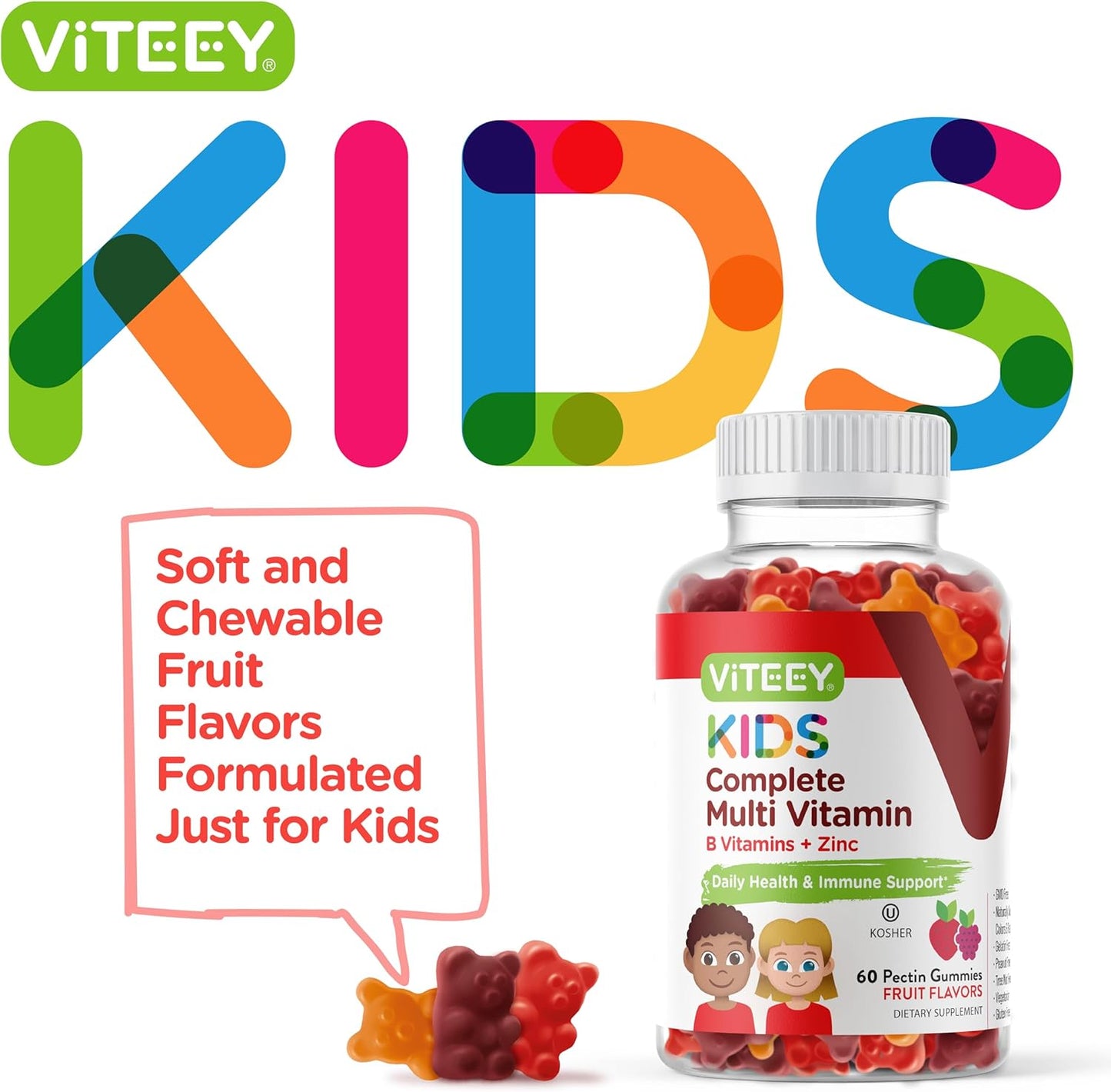 Viteey Kids Multivitamin Gummies - Immune Support & Overall Health - Vegetarian - Fruit Flavor Chewable Gummy with 12 Essential Vitamins & Minerals