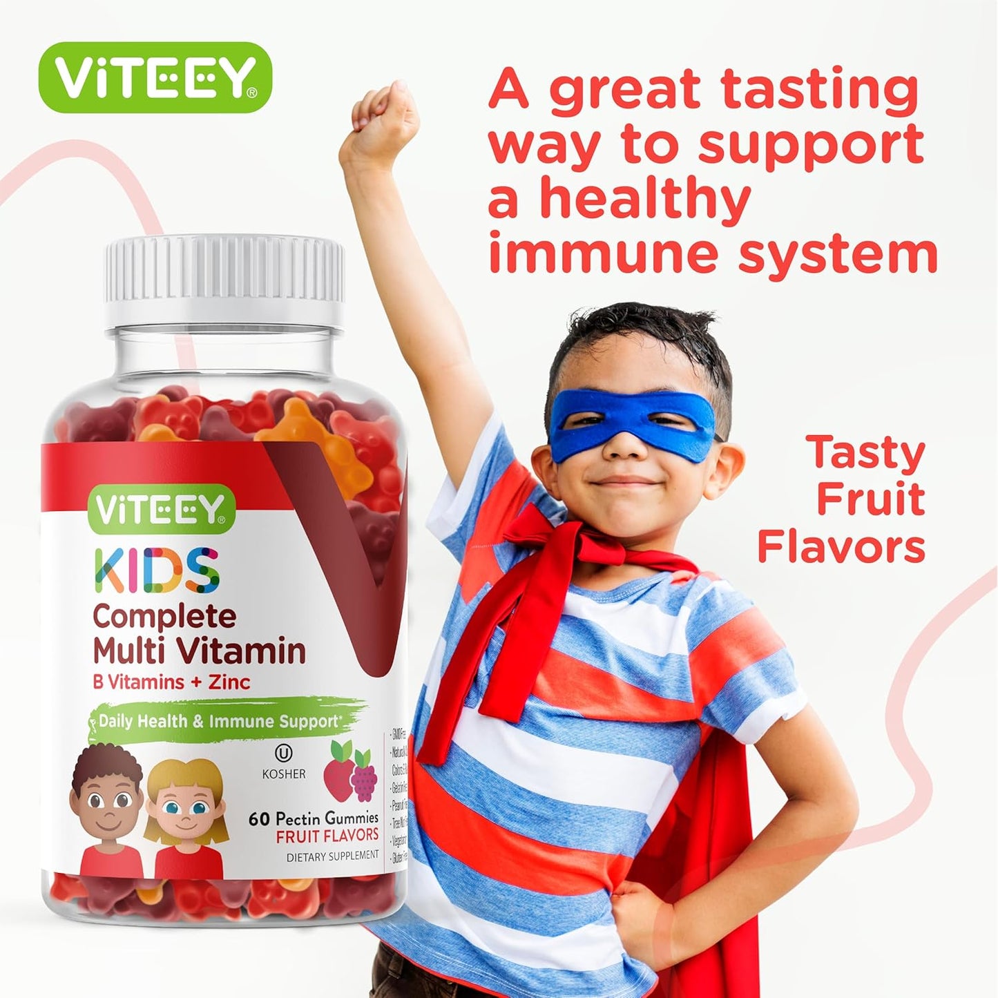 Viteey Kids Multivitamin Gummies - Immune Support & Overall Health - Vegetarian - Fruit Flavor Chewable Gummy with 12 Essential Vitamins & Minerals