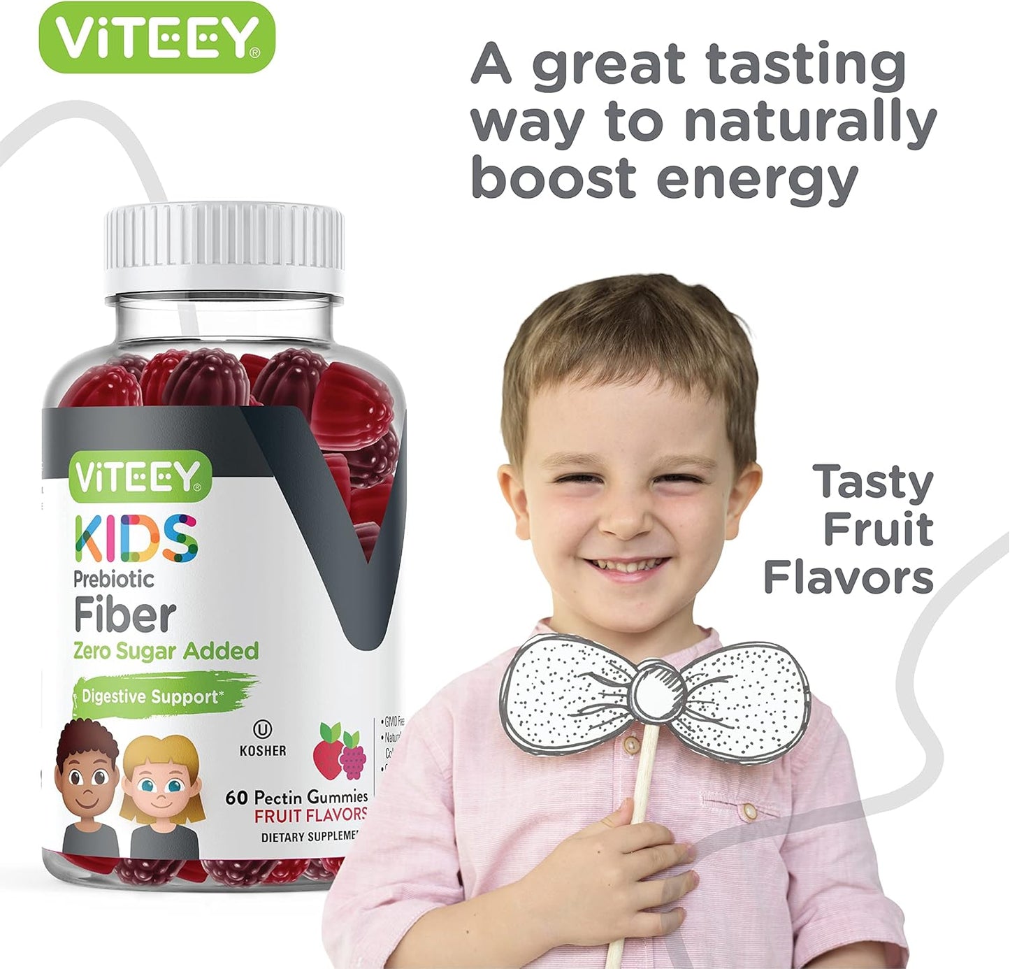 Viteey Kids Prebiotic Fiber Gummies - 4g Fiber, Constipation Relief, Digestive Health, Regularity, Weight Support - Zero Sugar, Vegan, Gluten Free - Fruit Flavored Chewable Gummy