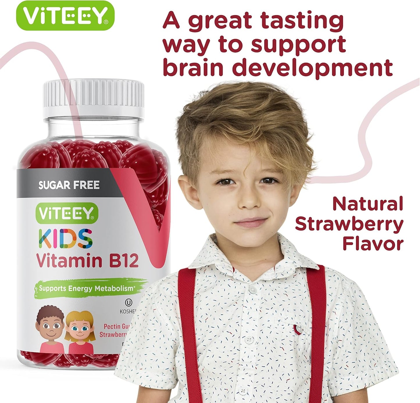 Viteey Kids Vitamin B12 Gummies 1000mcg - Sugar-Free Strawberry Flavored Chewables - Vegan, Gelatin-Free, Gluten-Free - Metabolism & Energy Support