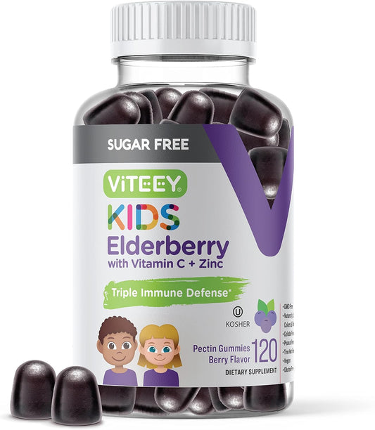 Viteey Sambucus Elderberry Gummies for Kids - Sugar-Free Immune Support with Vitamin C & Zinc - Vegan, Gelatin-Free, Gluten-Free - Berry Flavored Chewable Gummy
