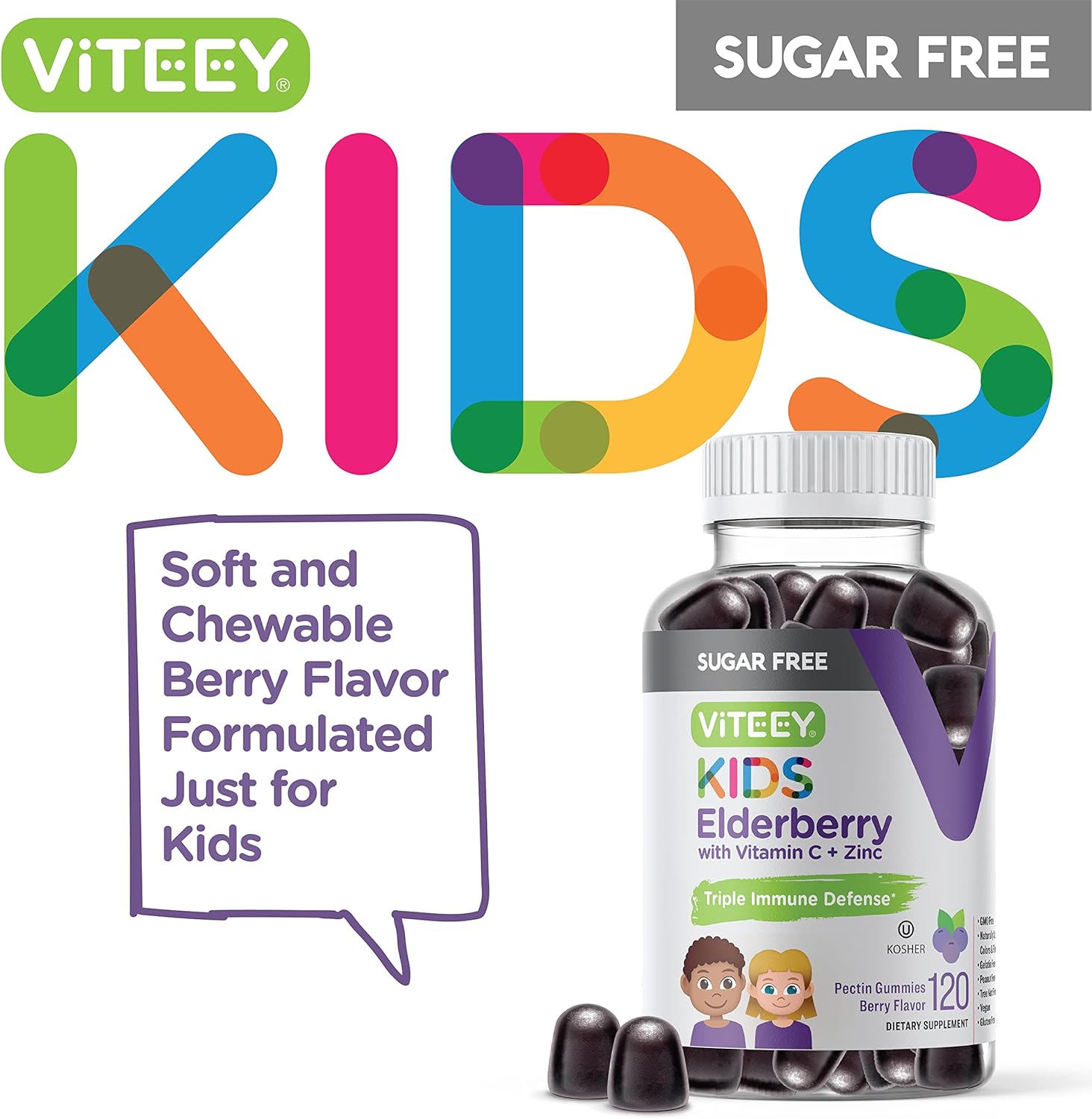 Viteey Sambucus Elderberry Gummies for Kids - Sugar-Free Immune Support with Vitamin C & Zinc - Vegan, Gelatin-Free, Gluten-Free - Berry Flavored Chewable Gummy