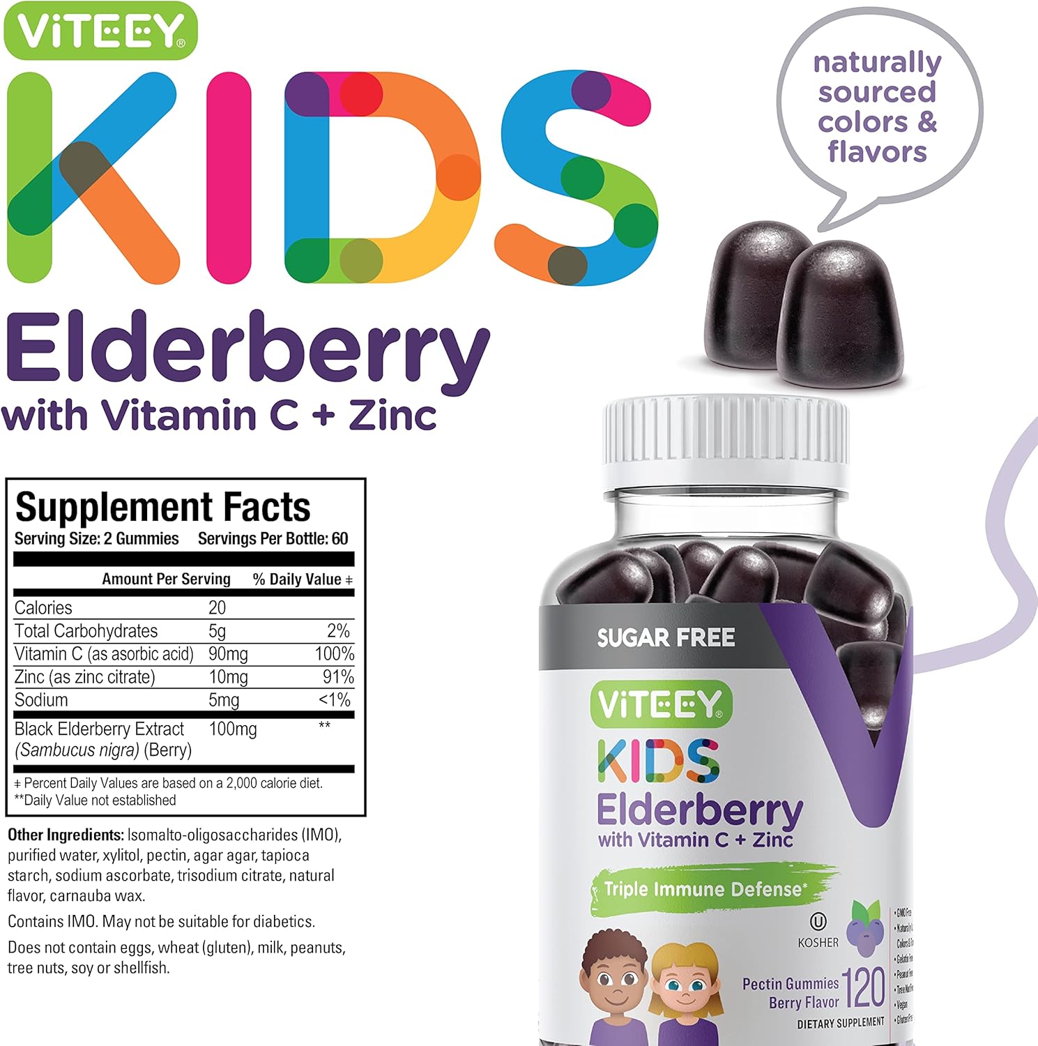Viteey Sambucus Elderberry Gummies for Kids - Sugar-Free Immune Support with Vitamin C & Zinc - Vegan, Gelatin-Free, Gluten-Free - Berry Flavored Chewable Gummy