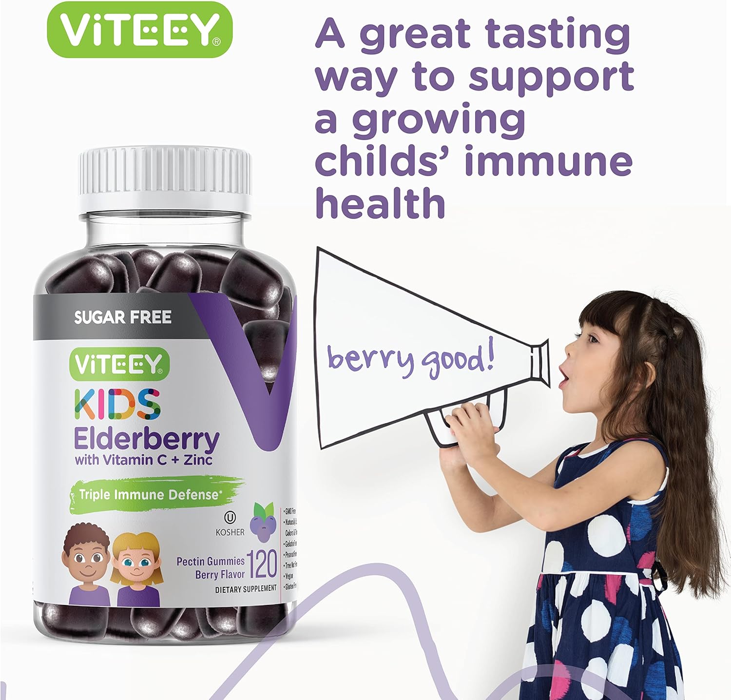 Viteey Sambucus Elderberry Gummies for Kids - Sugar-Free Immune Support with Vitamin C & Zinc - Vegan, Gelatin-Free, Gluten-Free - Berry Flavored Chewable Gummy
