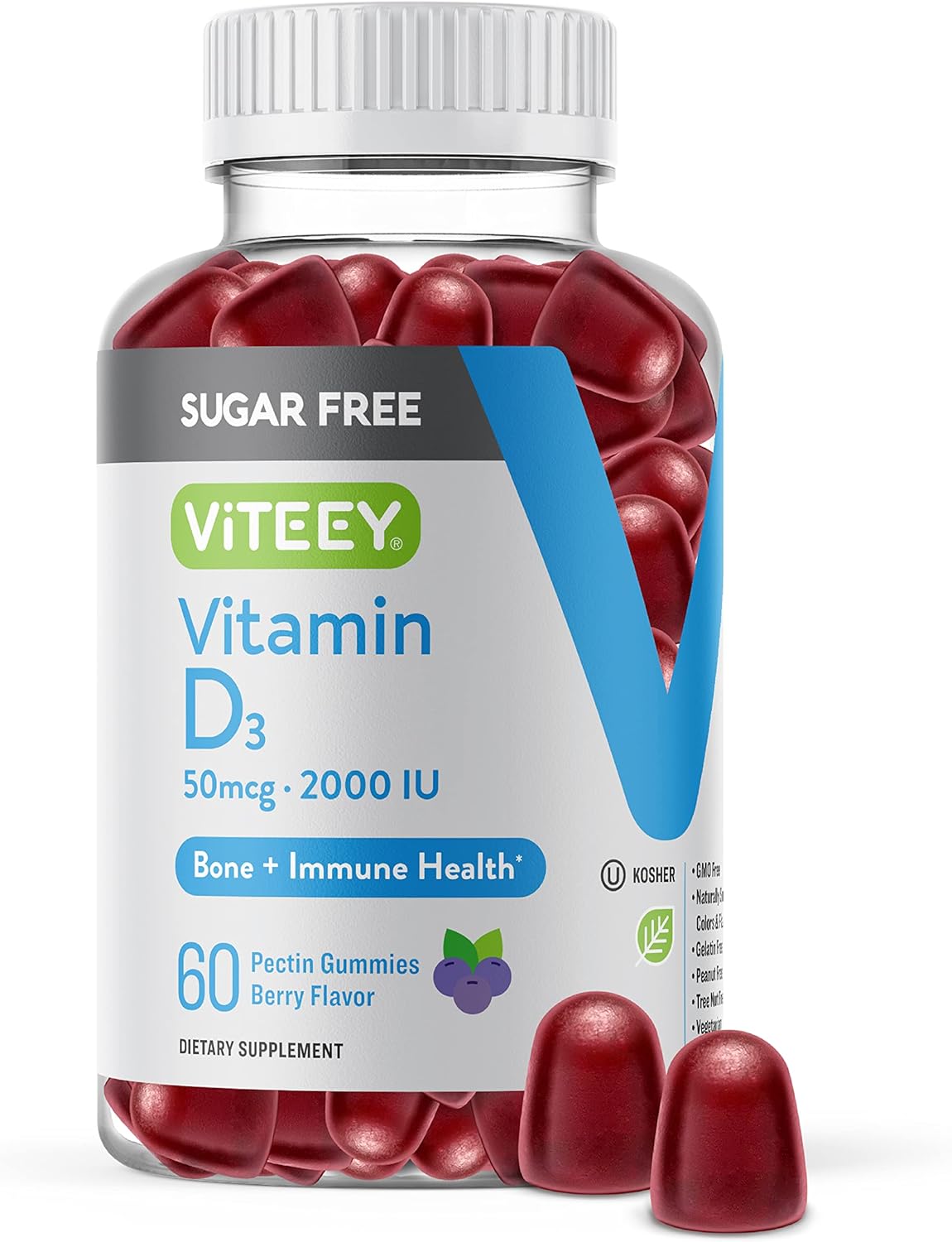Viteey Vitamin D3 Gummies 2000 IU for Adults & Teens - Sugar-Free Berry Flavored Immune Boost - Bone, Joint, Muscle Health - Vegetarian, Gelatin, GMO-Free
