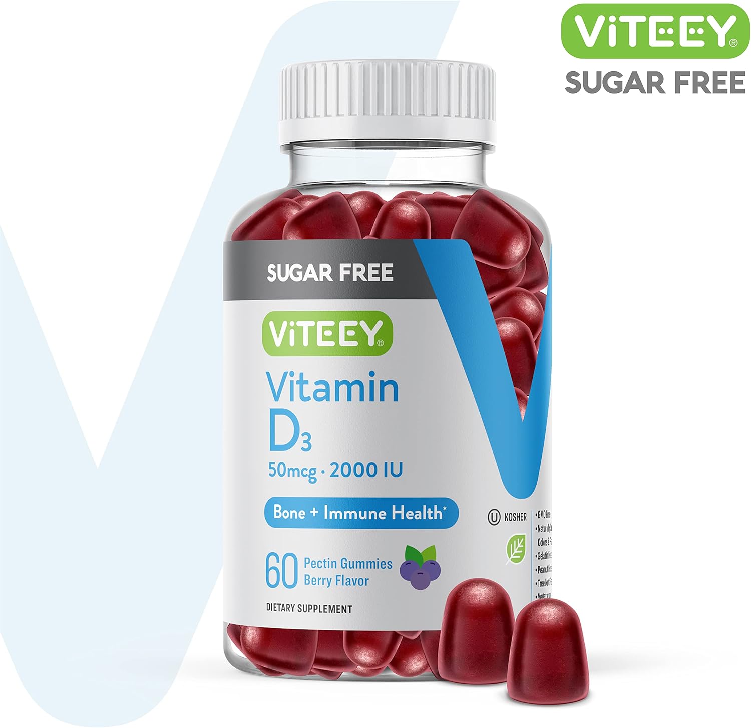 Viteey Vitamin D3 Gummies 2000 IU for Adults & Teens - Sugar-Free Berry Flavored Immune Boost - Bone, Joint, Muscle Health - Vegetarian, Gelatin, GMO-Free
