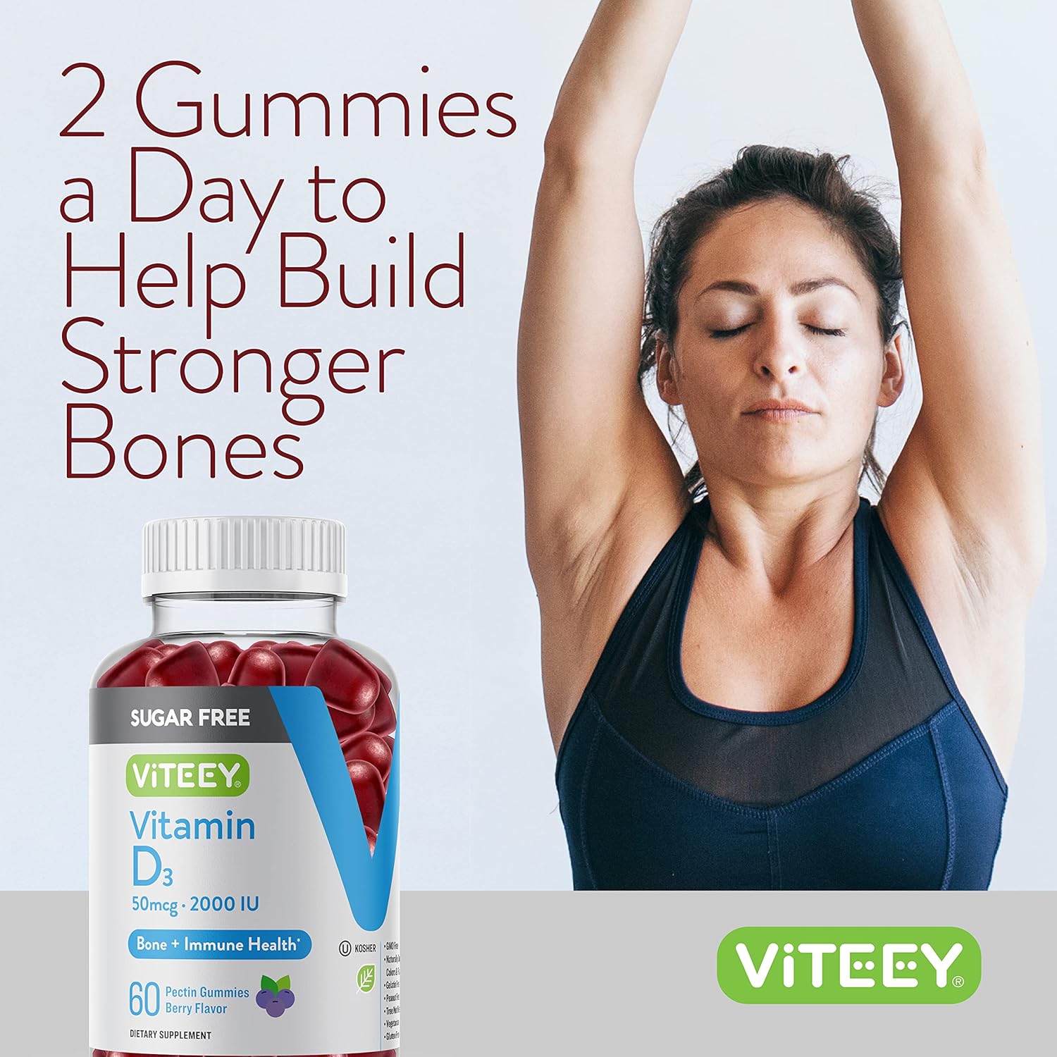 Viteey Vitamin D3 Gummies 2000 IU for Adults & Teens - Sugar-Free Berry Flavored Immune Boost - Bone, Joint, Muscle Health - Vegetarian, Gelatin, GMO-Free
