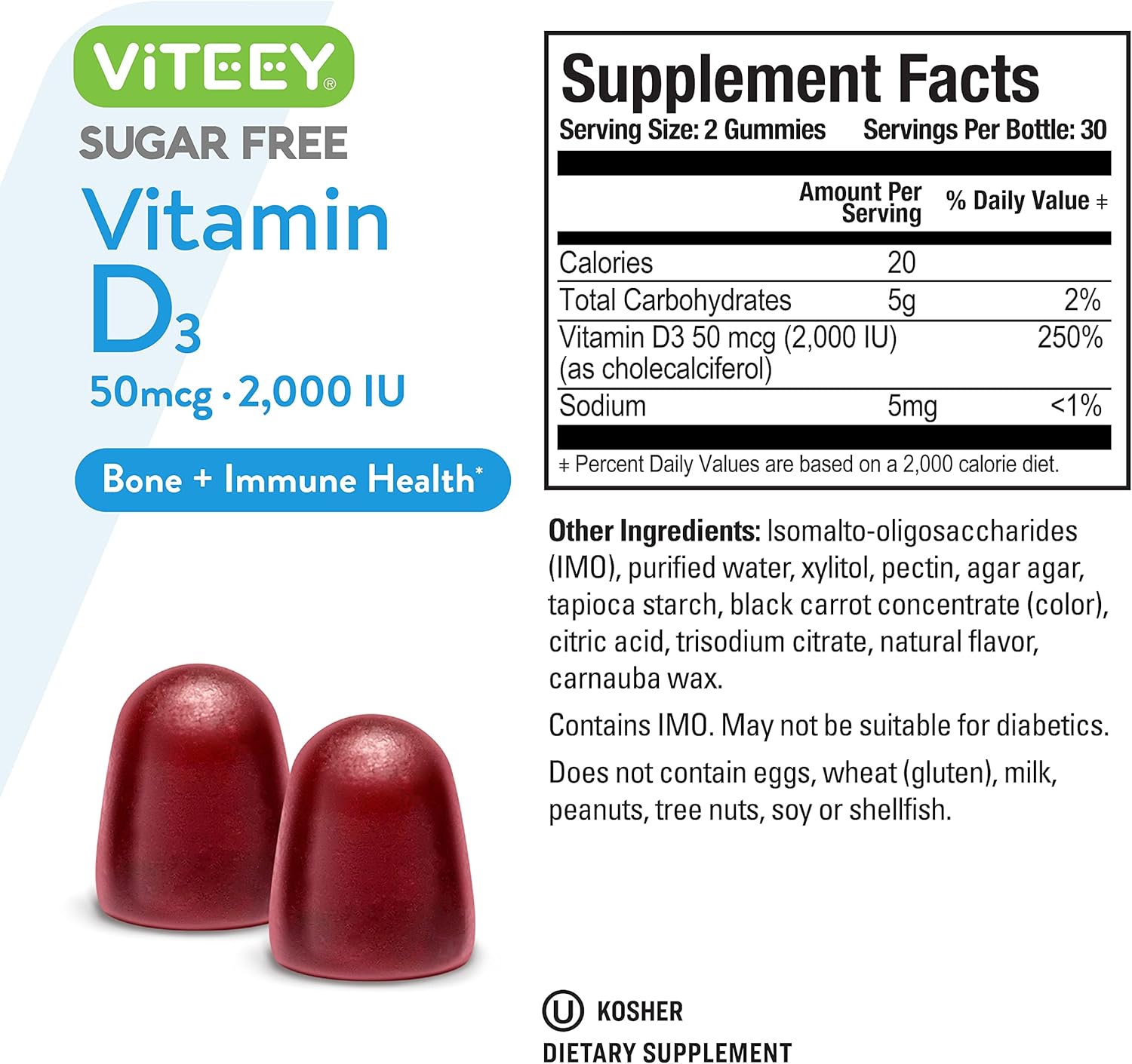 Viteey Vitamin D3 Gummies 2000 IU for Adults & Teens - Sugar-Free Berry Flavored Immune Boost - Bone, Joint, Muscle Health - Vegetarian, Gelatin, GMO-Free