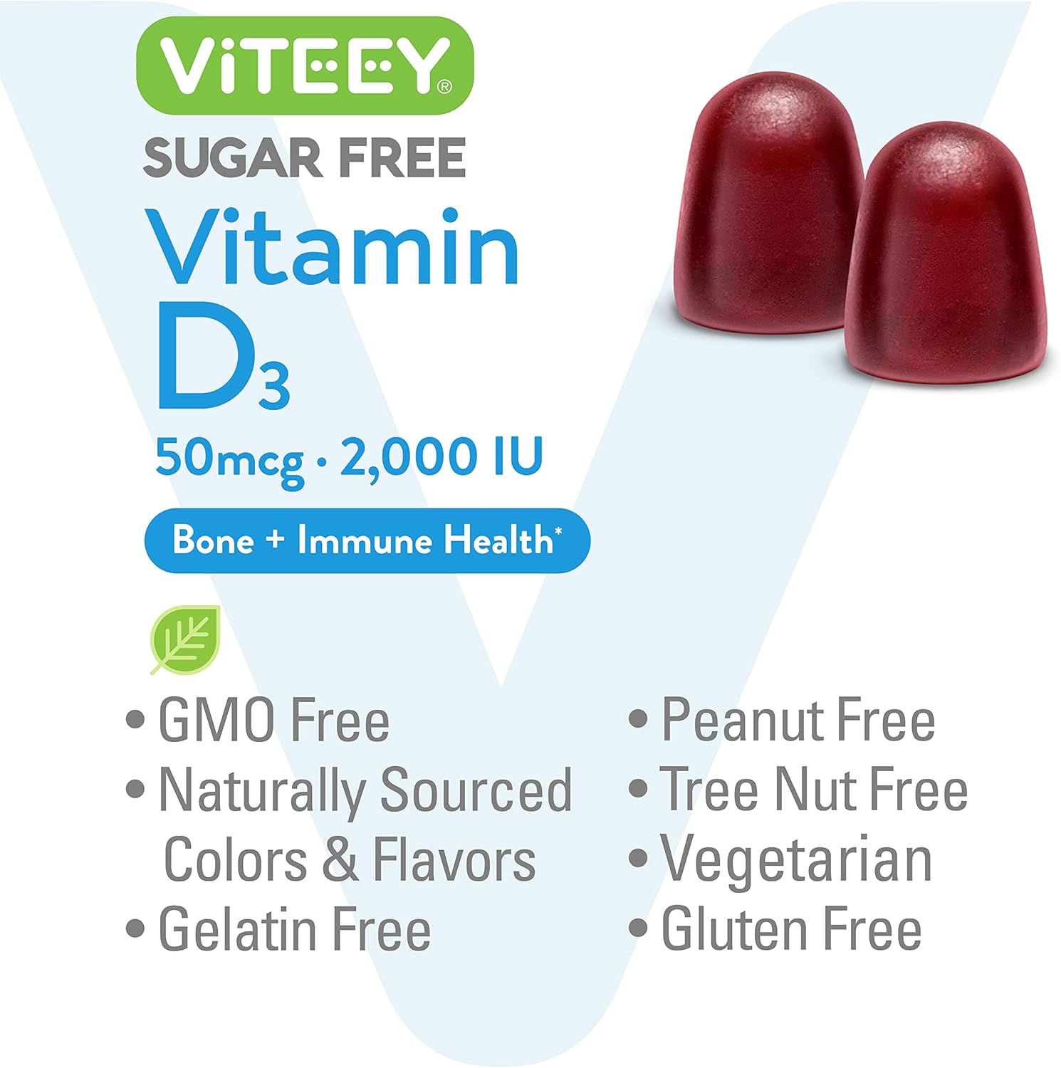 Viteey Vitamin D3 Gummies 2000 IU for Adults & Teens - Sugar-Free Berry Flavored Immune Boost - Bone, Joint, Muscle Health - Vegetarian, Gelatin, GMO-Free