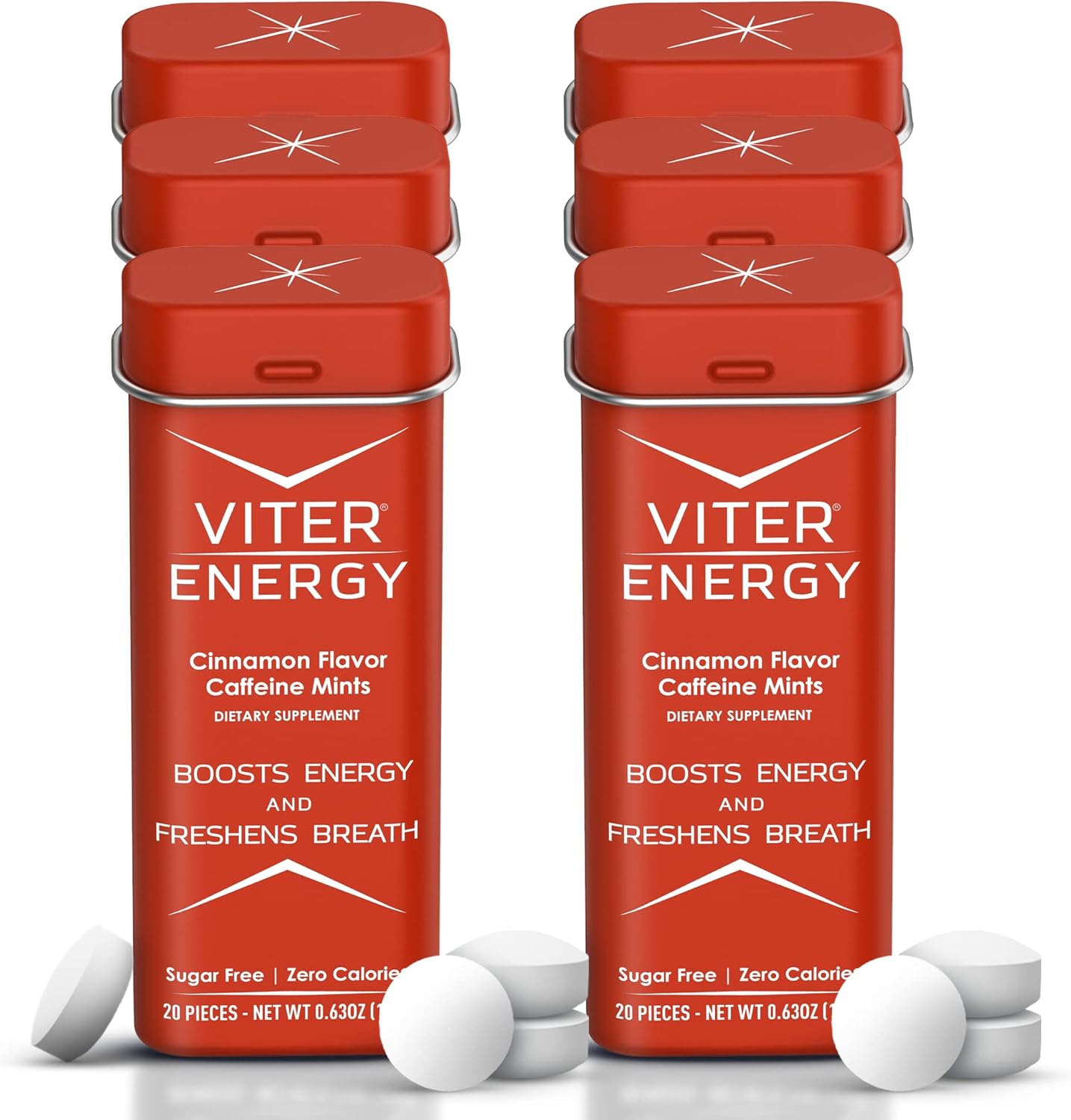 Viter Energy Caffeine Mints - 120 Pieces, 40mg Caffeine, Sugar Free, Vegan, B Vitamins, Energy Supplement (Cinnamon, 6 Pack)