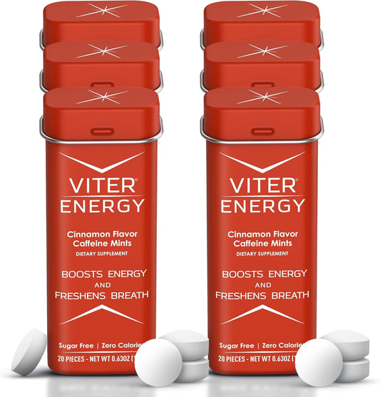 Viter Energy Caffeine Mints - 120 Pieces, 40mg Caffeine, Sugar Free, Vegan, B Vitamins, Energy Supplement (Cinnamon, 6 Pack)