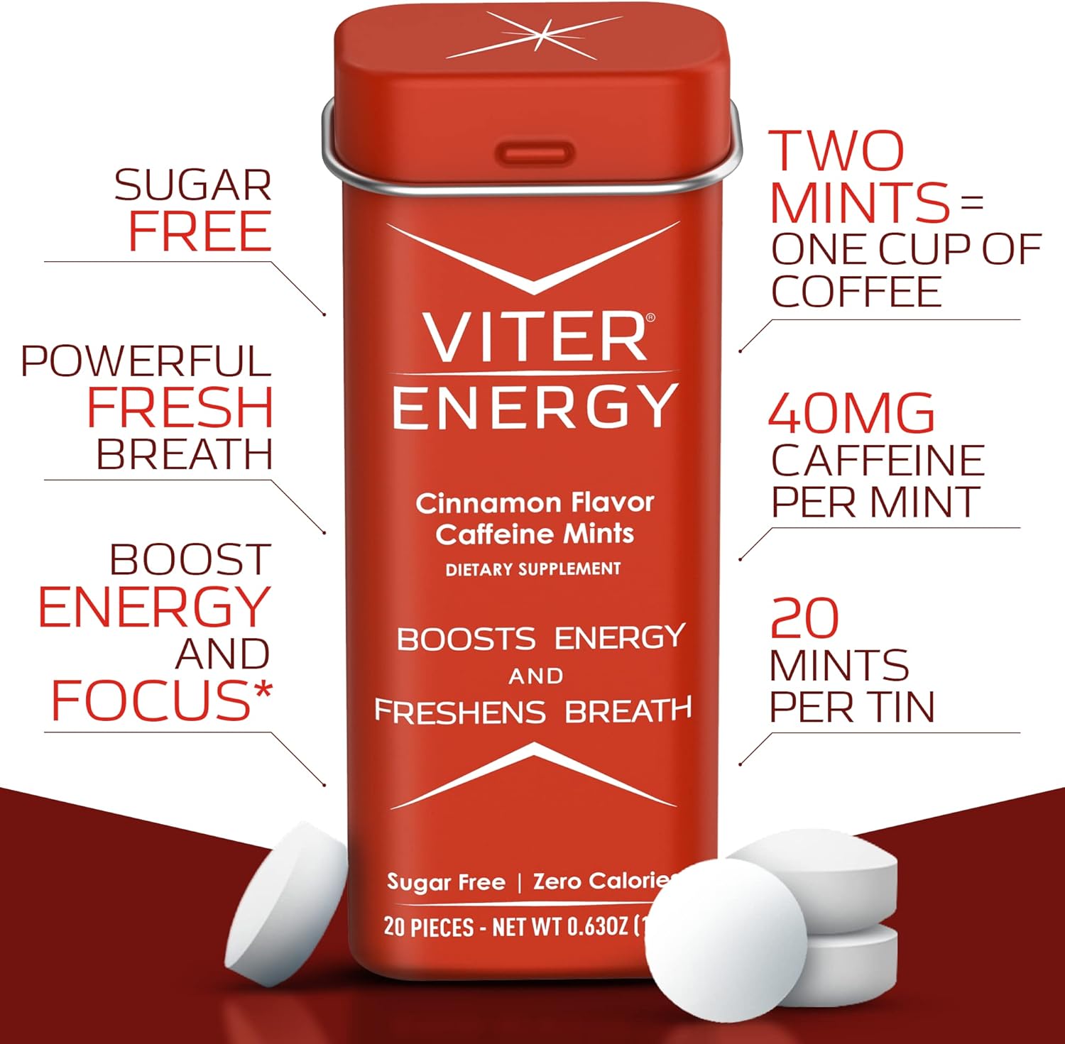 Viter Energy Caffeine Mints - 120 Pieces, 40mg Caffeine, Sugar Free, Vegan, B Vitamins, Energy Supplement (Cinnamon, 6 Pack)