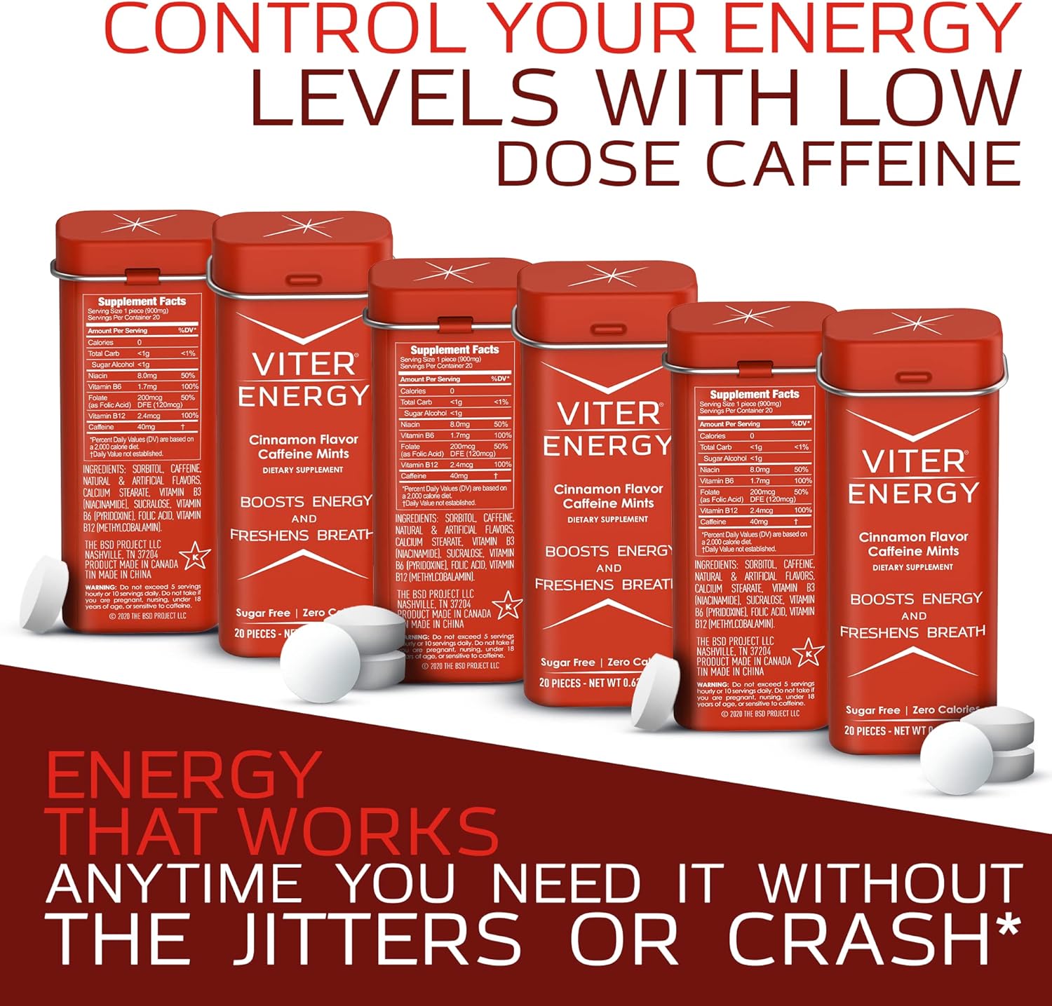 Viter Energy Caffeine Mints - 120 Pieces, 40mg Caffeine, Sugar Free, Vegan, B Vitamins, Energy Supplement (Cinnamon, 6 Pack)