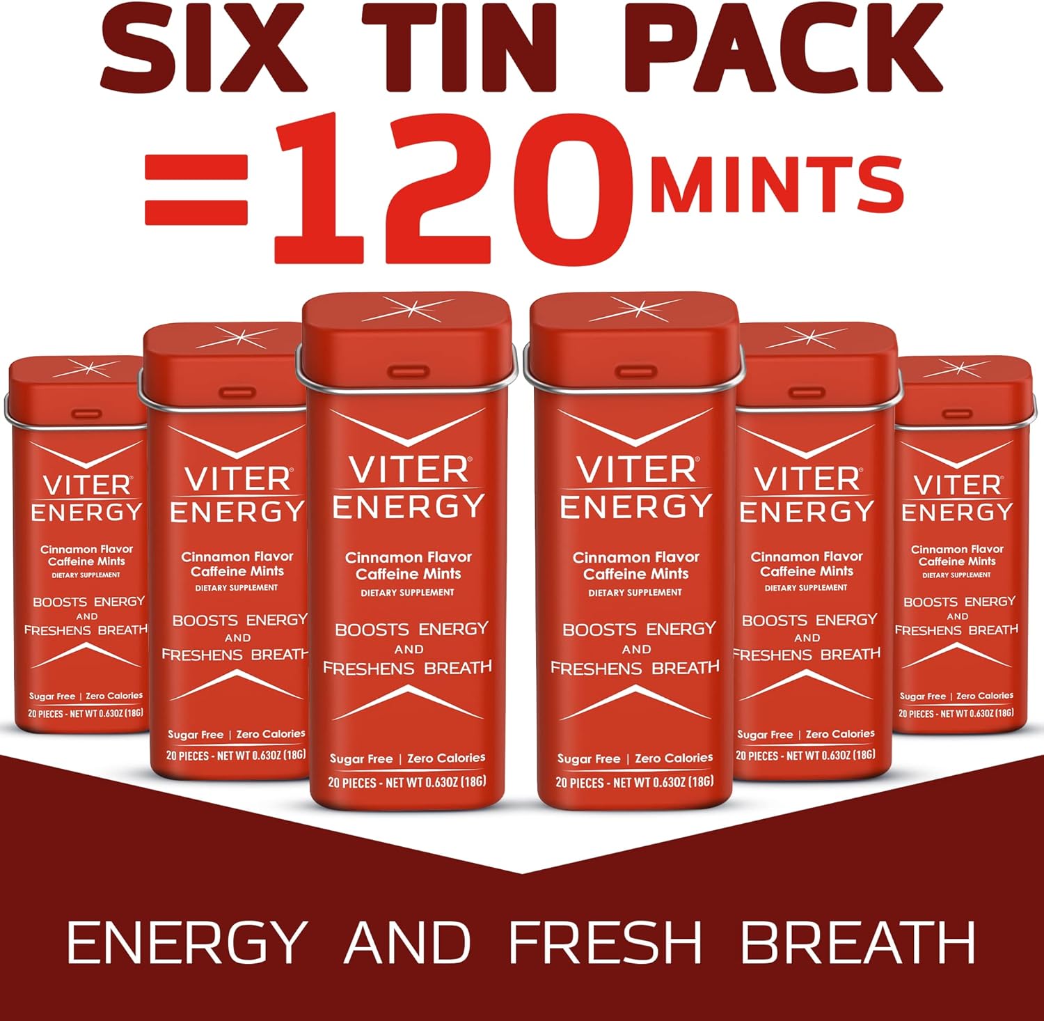 Viter Energy Caffeine Mints - 120 Pieces, 40mg Caffeine, Sugar Free, Vegan, B Vitamins, Energy Supplement (Cinnamon, 6 Pack)