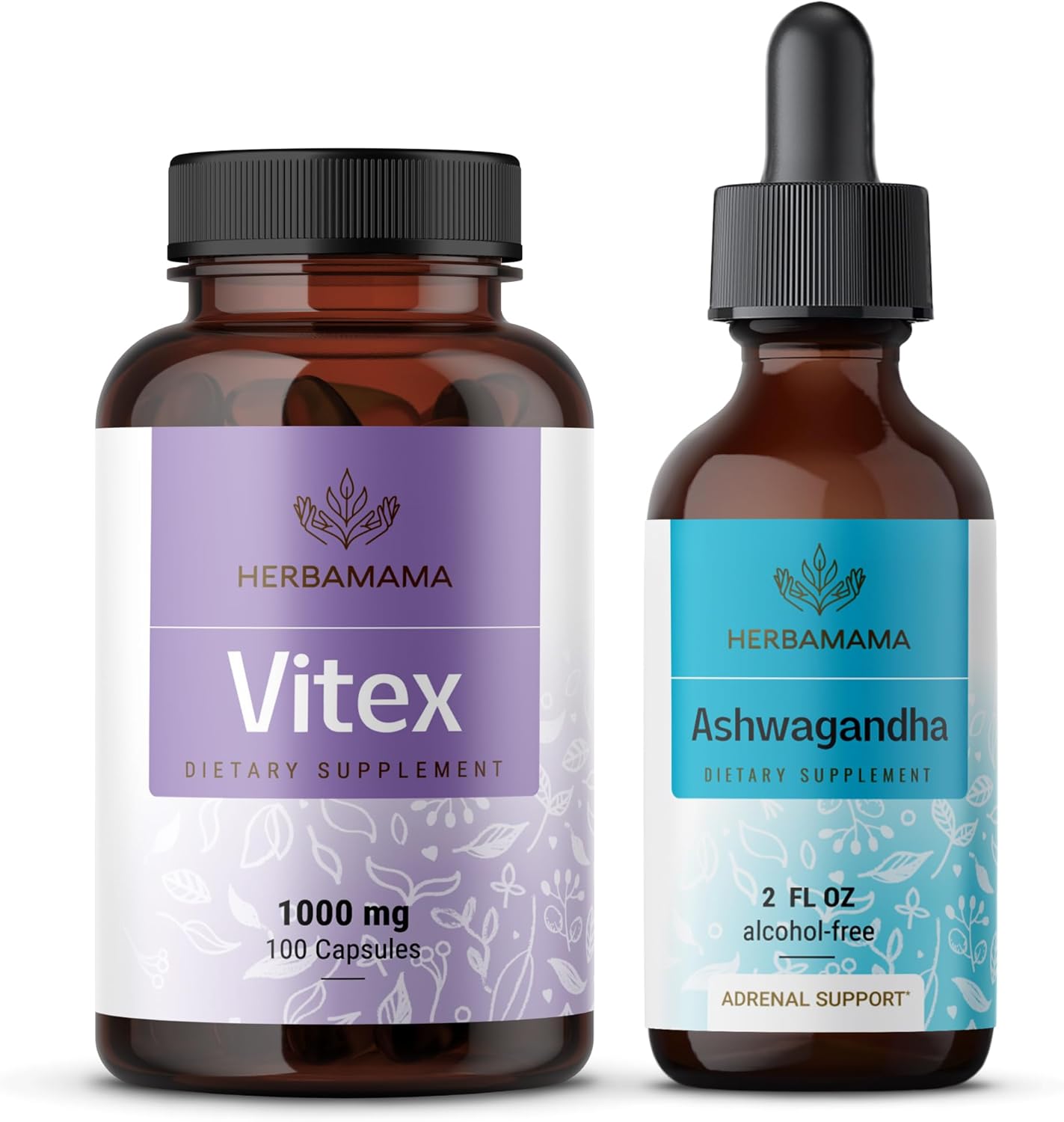 Vitex Chasteberry Capsules and Ashwagandha Liquid Drops Bundle - Vegan, Non-GMO, Sugar & Alcohol-Free - 1000mg & 2 fl oz - 2 Pack