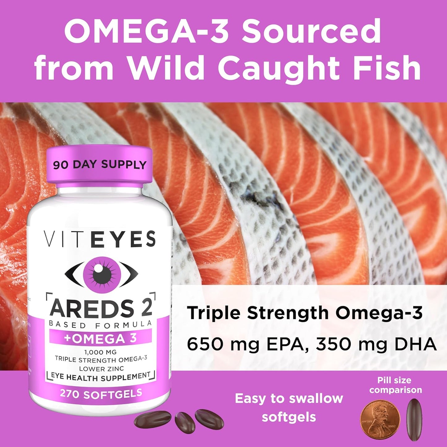 Viteyes AREDS 2 + Omega-3 Softgels for Heart and Eye Health, Triple Strength Omega-3, Vision Supplement, 270 Softgels