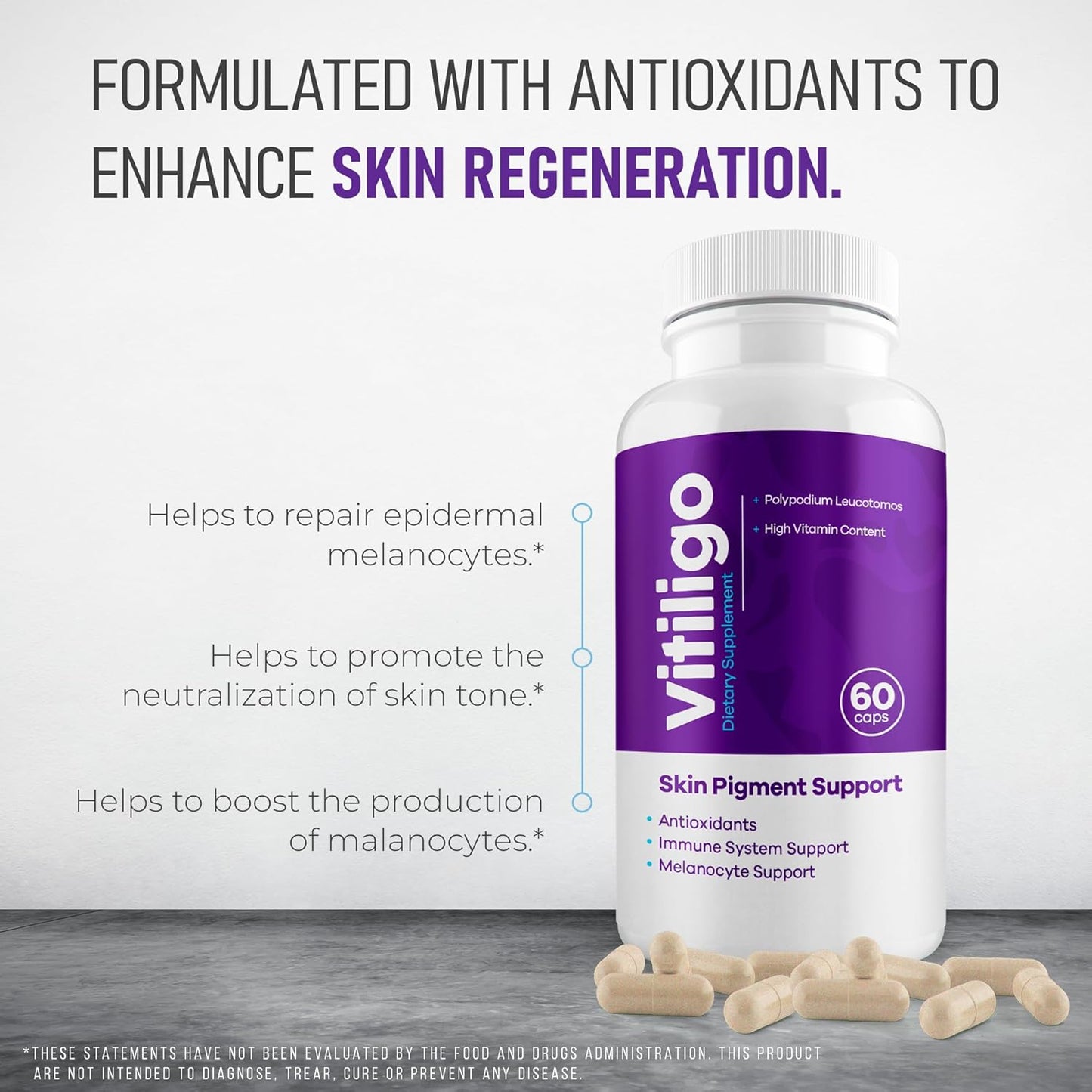 Vitiligo Supplement Capsules for Skin Pigmentation Support | 60 Count | Reduce White Spots | Natural Solution for Vitiligo | 1 Month Supply