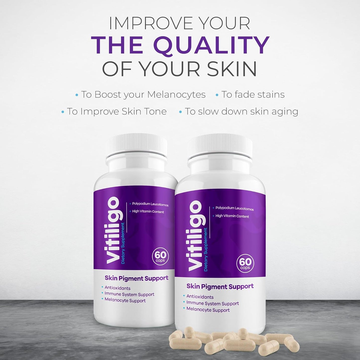 Vitiligo Supplement Capsules for Skin Pigmentation Support | 60 Count | Reduce White Spots | Natural Solution for Vitiligo | 1 Month Supply
