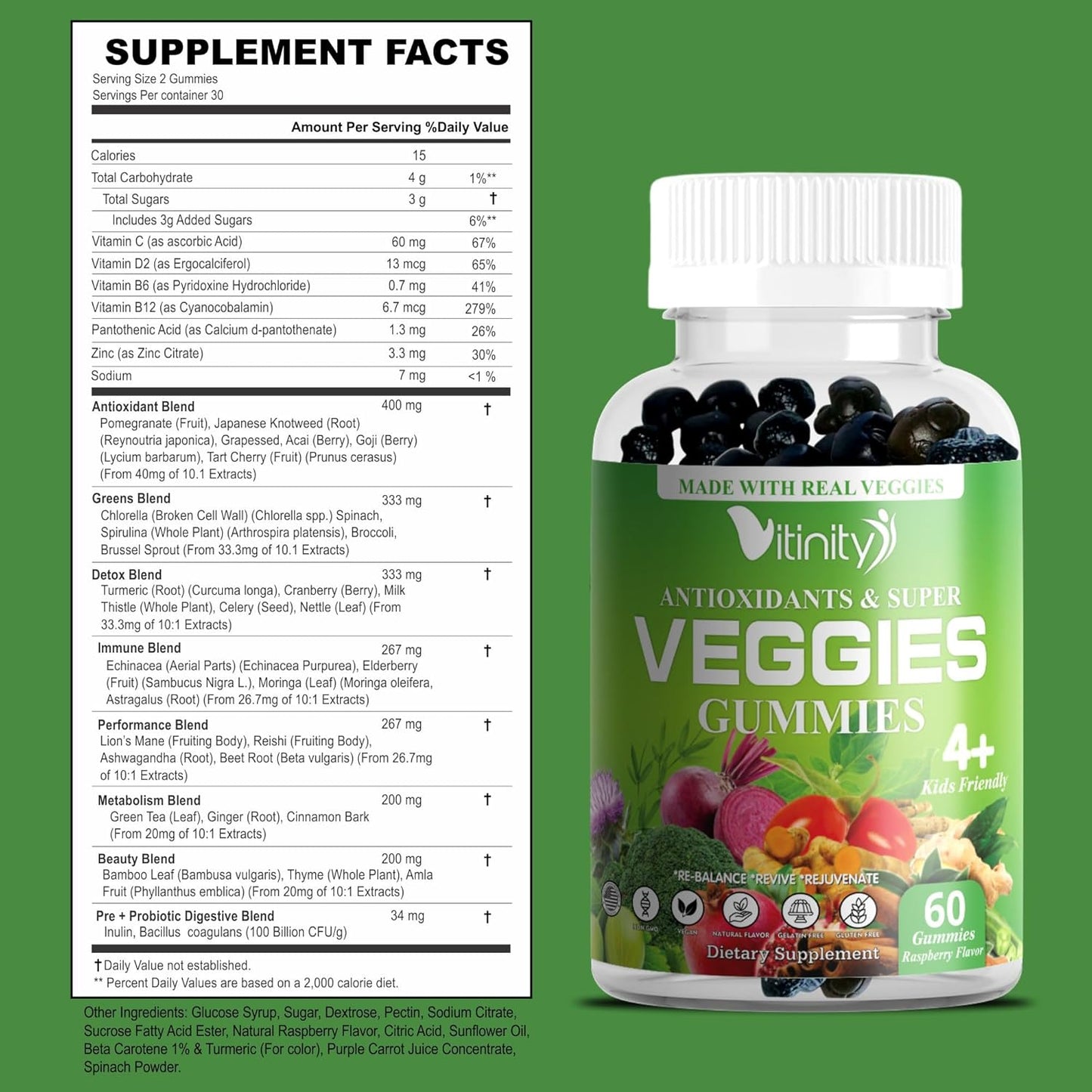 VITINITY Veggie Gummies Supplement - 30 Super Veggies, Fruits, and Herbs in 120 Delicious Chews - Non-GMO, Gluten-Free, Pectin-Based - 60 Day Supply