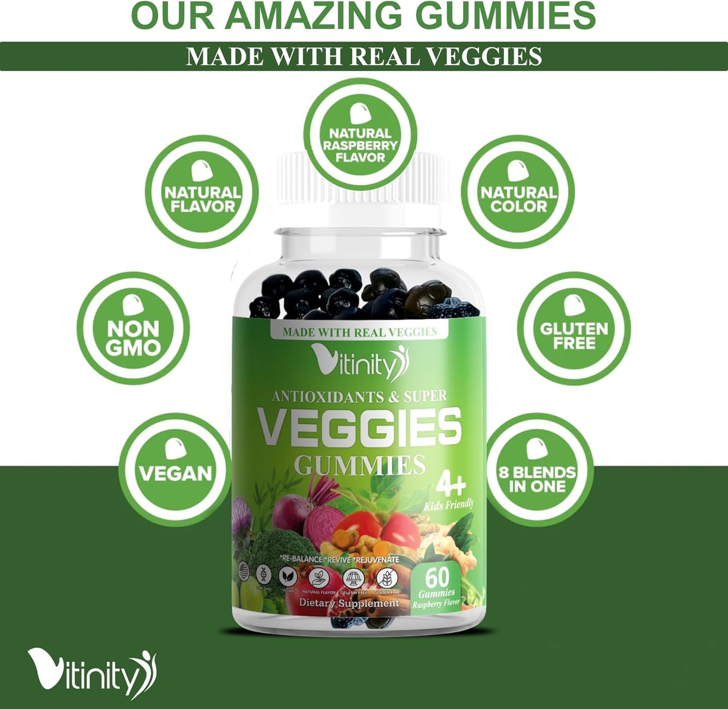VITINITY Veggie Gummies Supplement - 30 Super Veggies, Fruits, and Herbs in 120 Delicious Chews - Non-GMO, Gluten-Free, Pectin-Based - 60 Day Supply