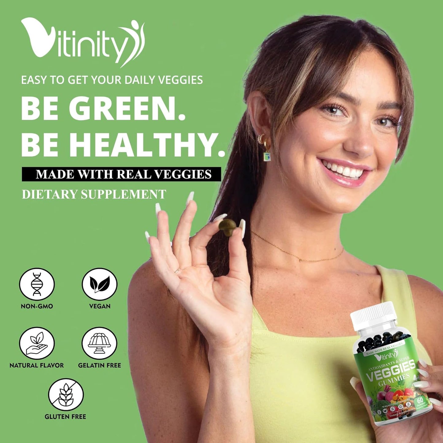 VITINITY Veggie Gummies Supplement - 30 Super Veggies, Fruits, and Herbs in 120 Delicious Chews - Non-GMO, Gluten-Free, Pectin-Based - 60 Day Supply