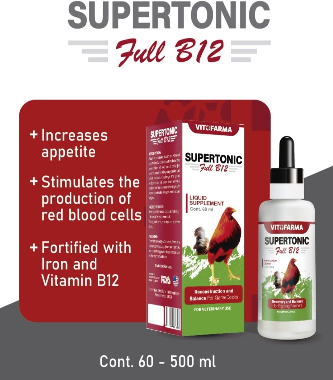 VITOFARMA Supertonic Full B12: Rooster Multivitamin Boosters - Vitamin Recovery Liquid 60ml