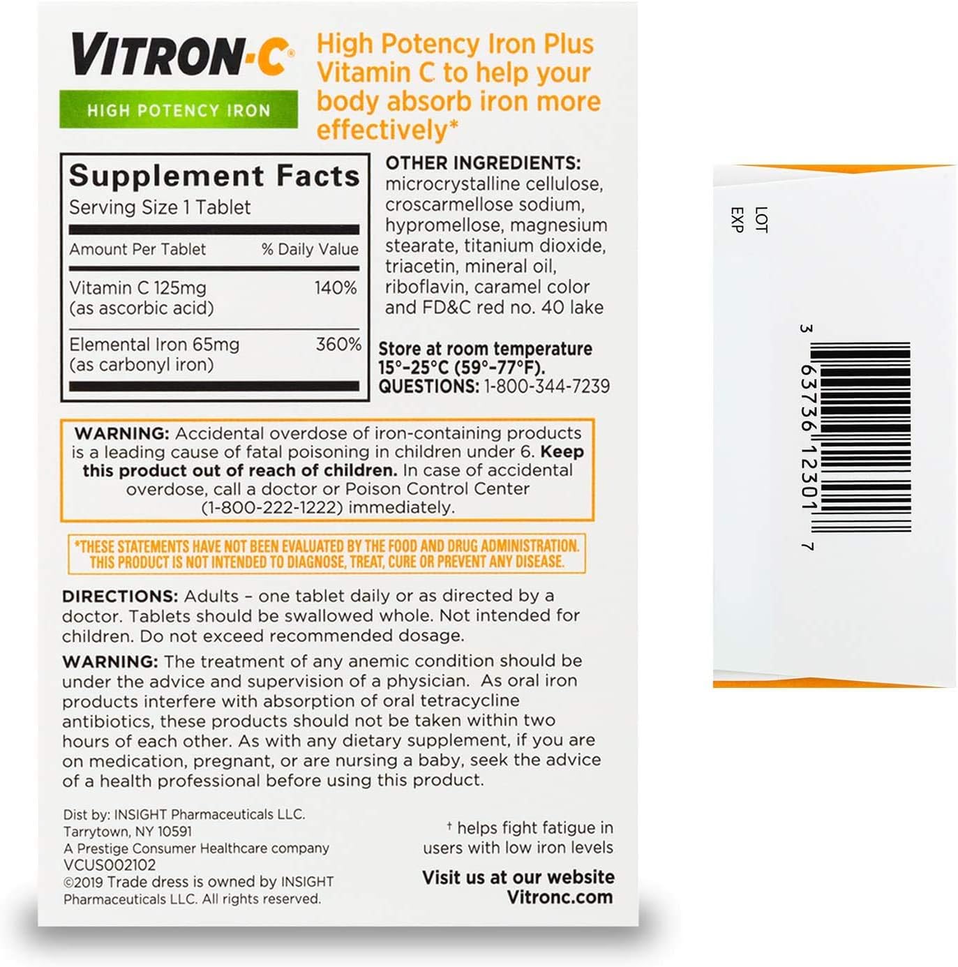 Vitron-C Iron Supplement Coated Tablets 125mg/65mg Strength 60 Count Bottle from McK