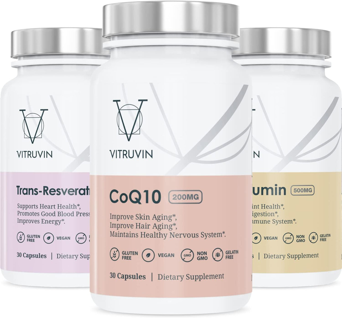 Vitruvin Beauty and Comfort Pack with COQ10, Trans-Resveratrol, and Curcumin for Skin, Heart, Joints, and Brain - Vegan, Non-GMO, Gluten-Free, Gelatin-Free