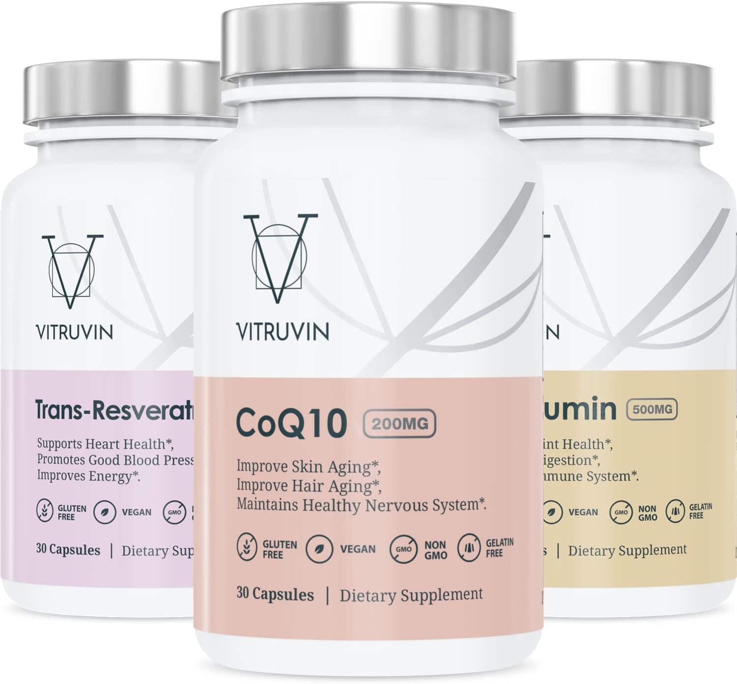 Vitruvin Beauty and Comfort Pack with COQ10, Trans-Resveratrol, and Curcumin for Skin, Heart, Joints, and Brain - Vegan, Non-GMO, Gluten-Free, Gelatin-Free
